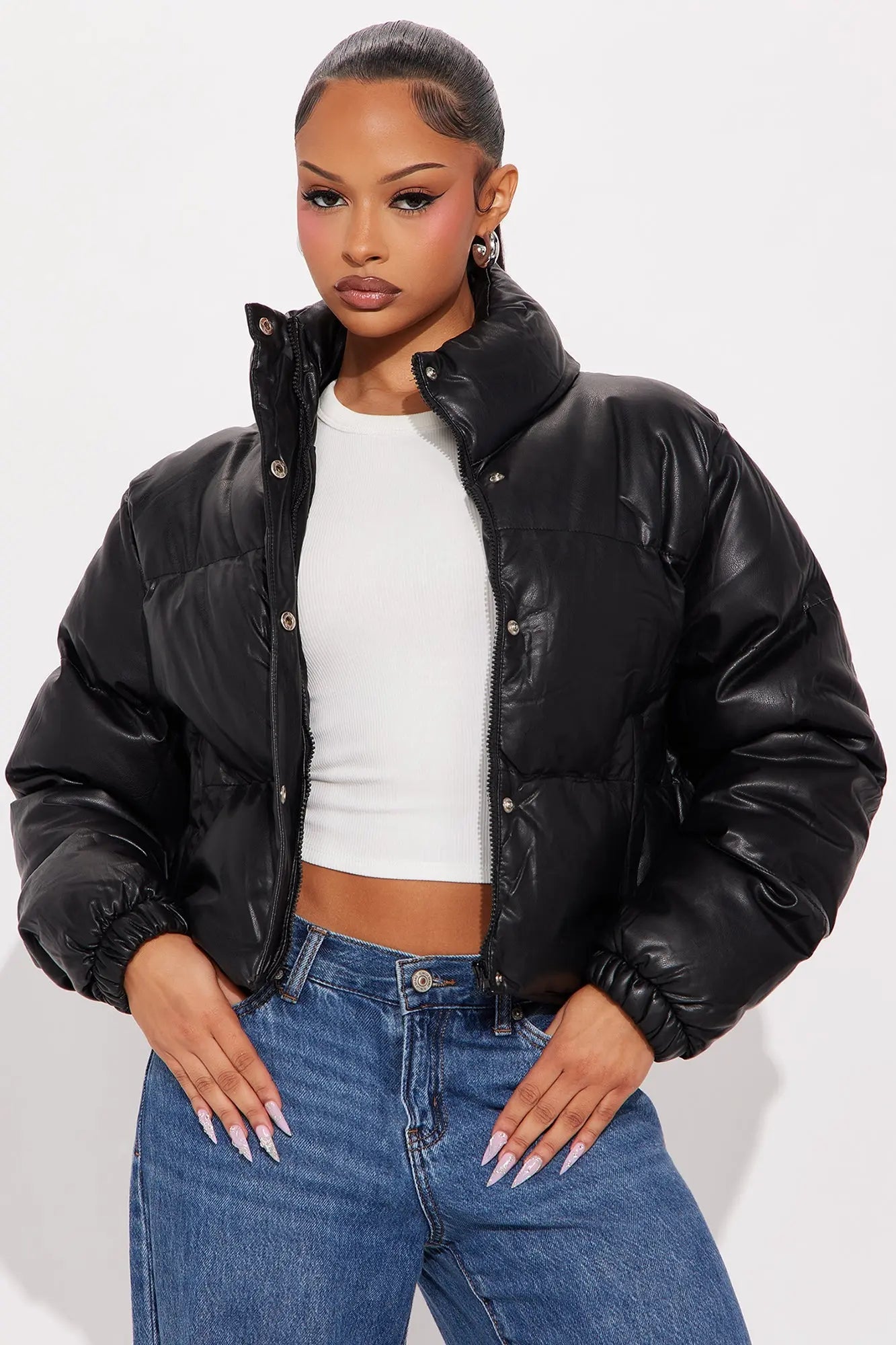 Big Dreams Faux Leather Puffer Jacket - Black 