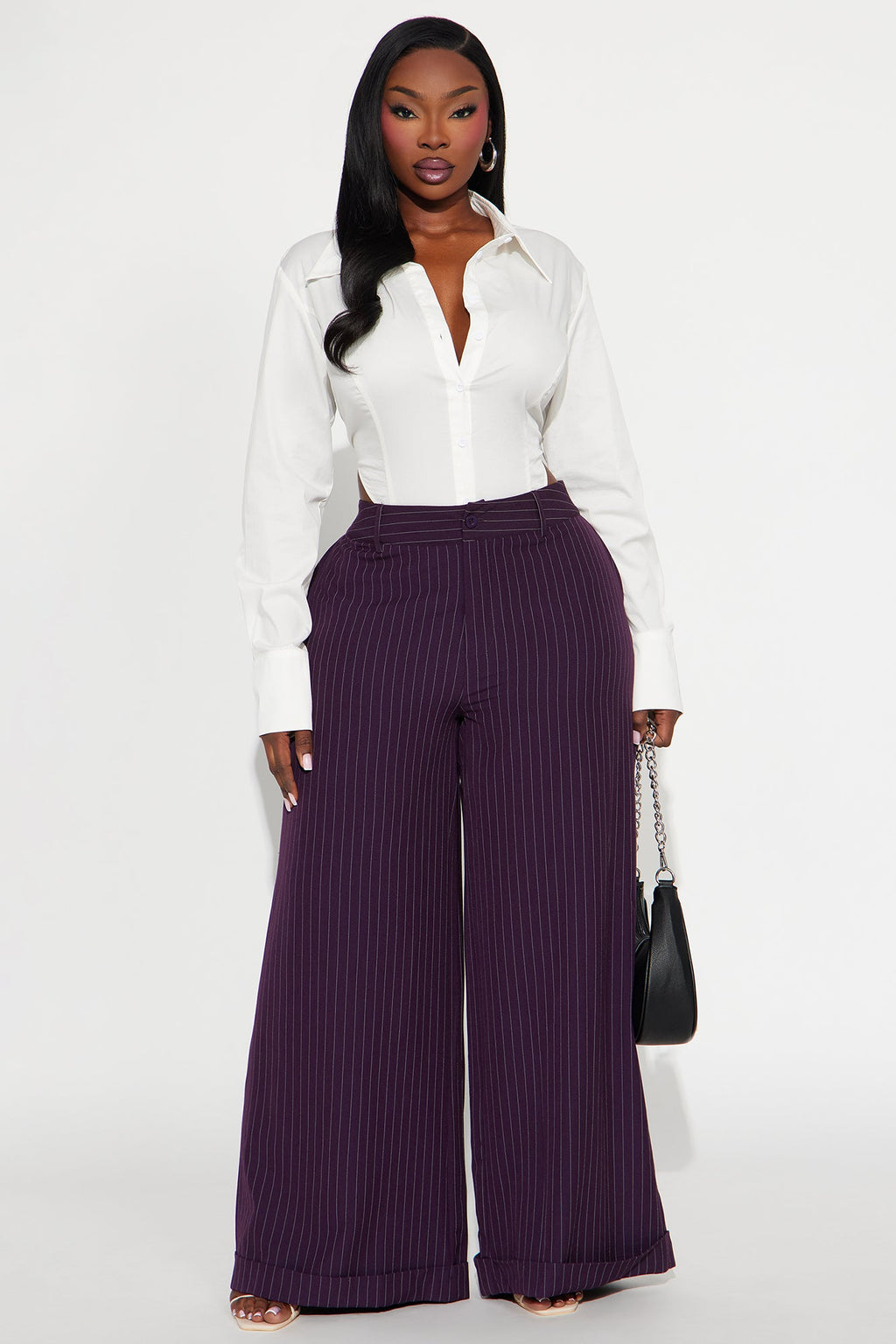 Bossed Up Cuffed Pinstripe Trouser Pant 32″ - Plum