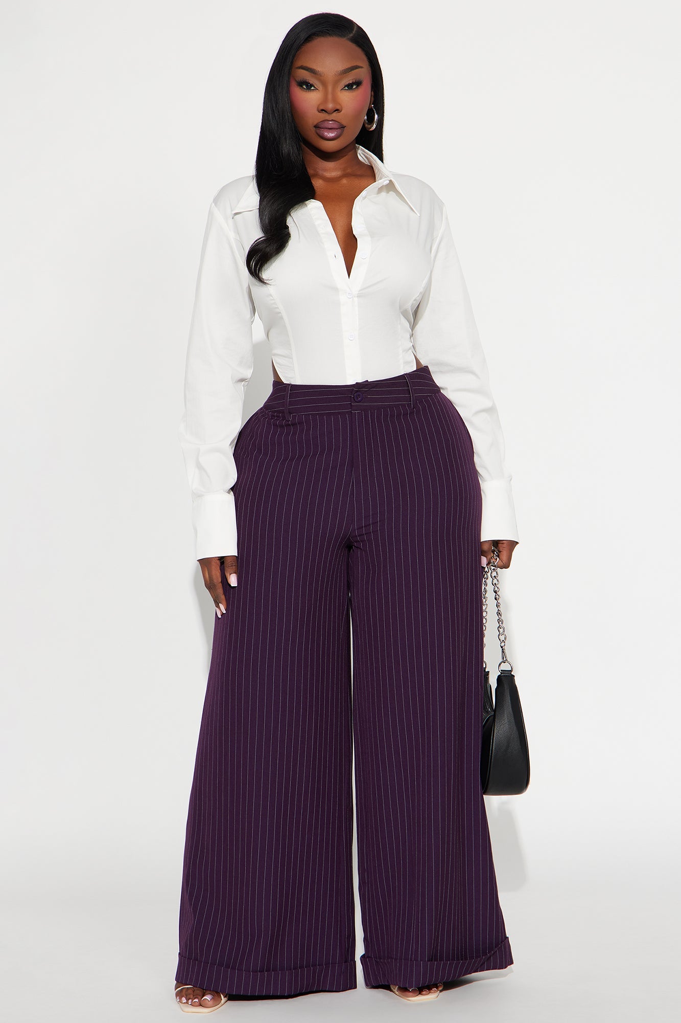 Bossed Up Cuffed Pinstripe Trouser Pant 32″ - Plum
