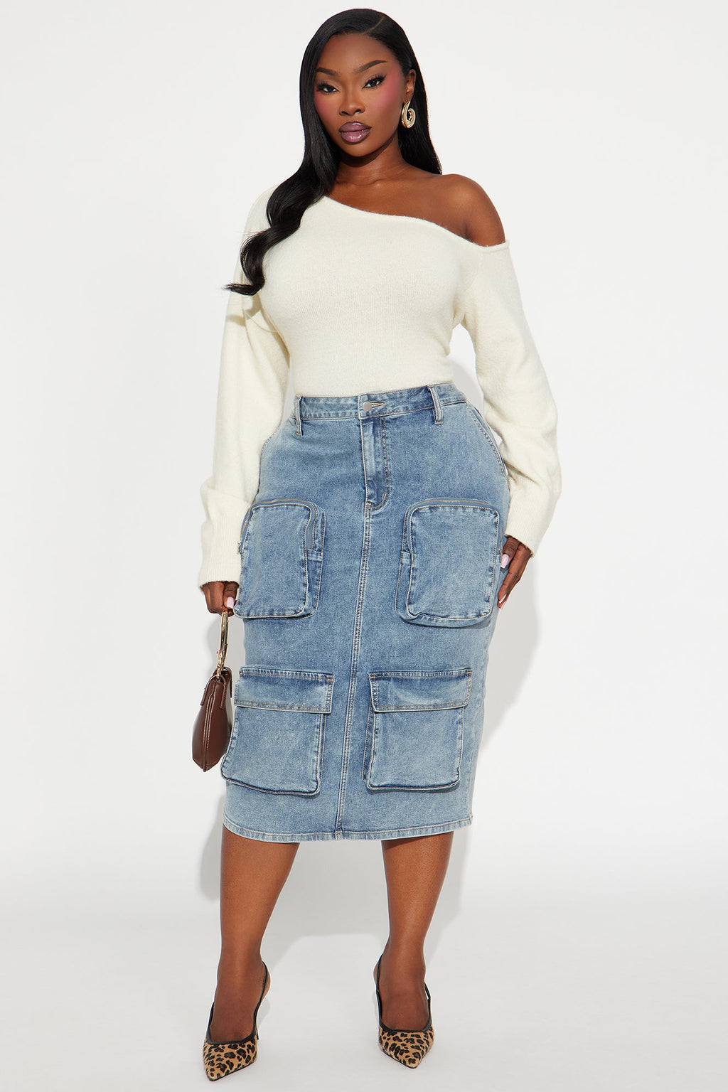 Sakura Cargo Denim Midi Skirt - Medium Wash 
