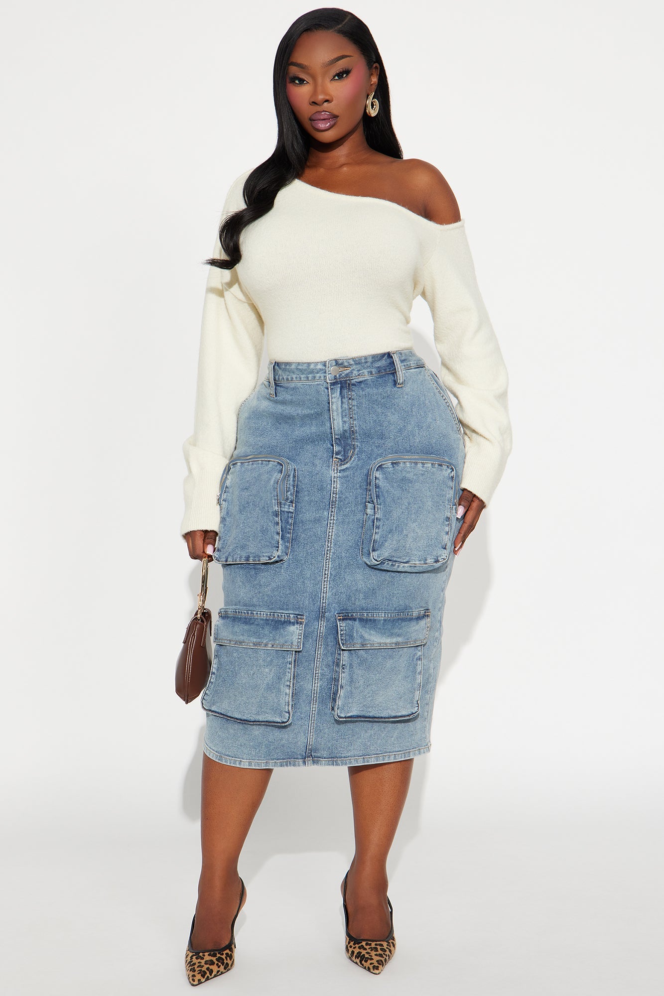 Sakura Cargo Denim Midi Skirt - Medium Wash 