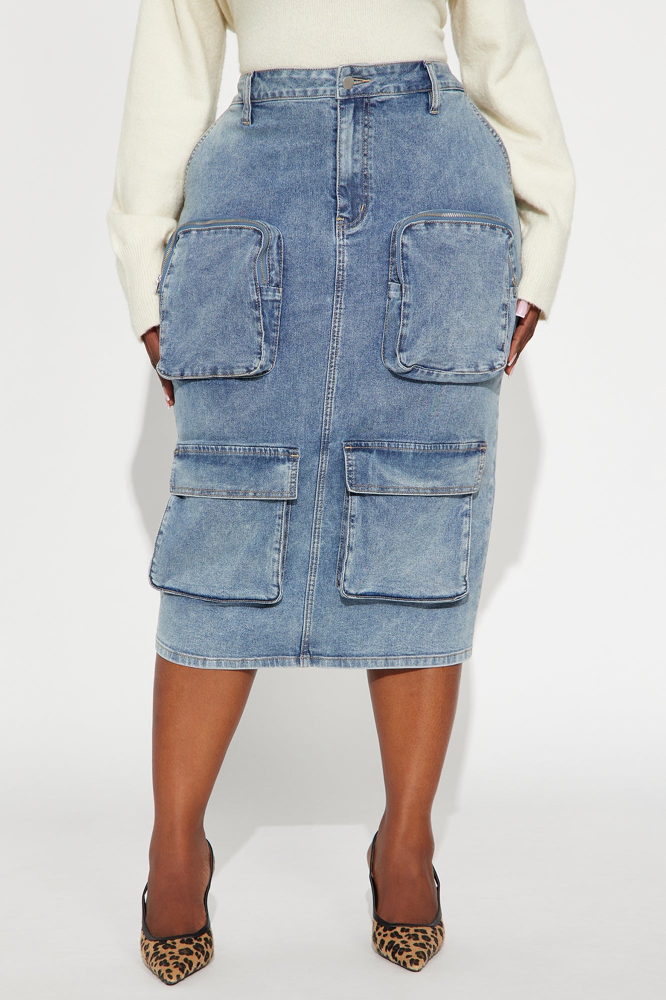 Sakura Cargo Denim Midi Skirt - Medium Wash 