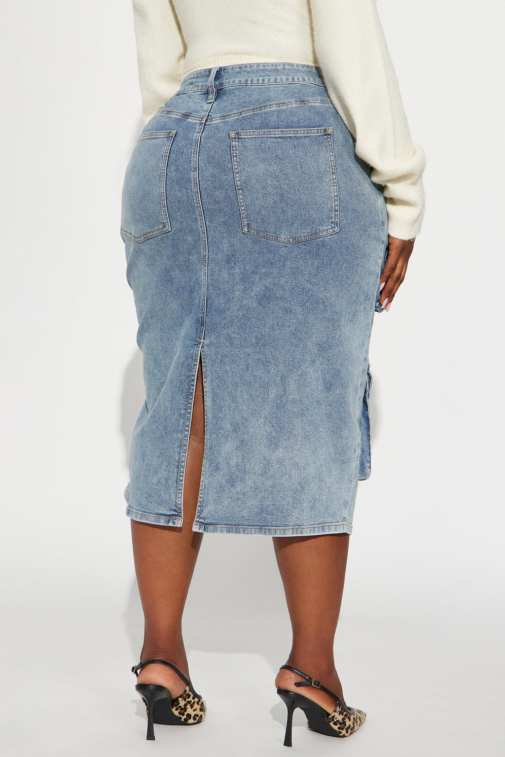 Sakura Cargo Denim Midi Skirt - Medium Wash 