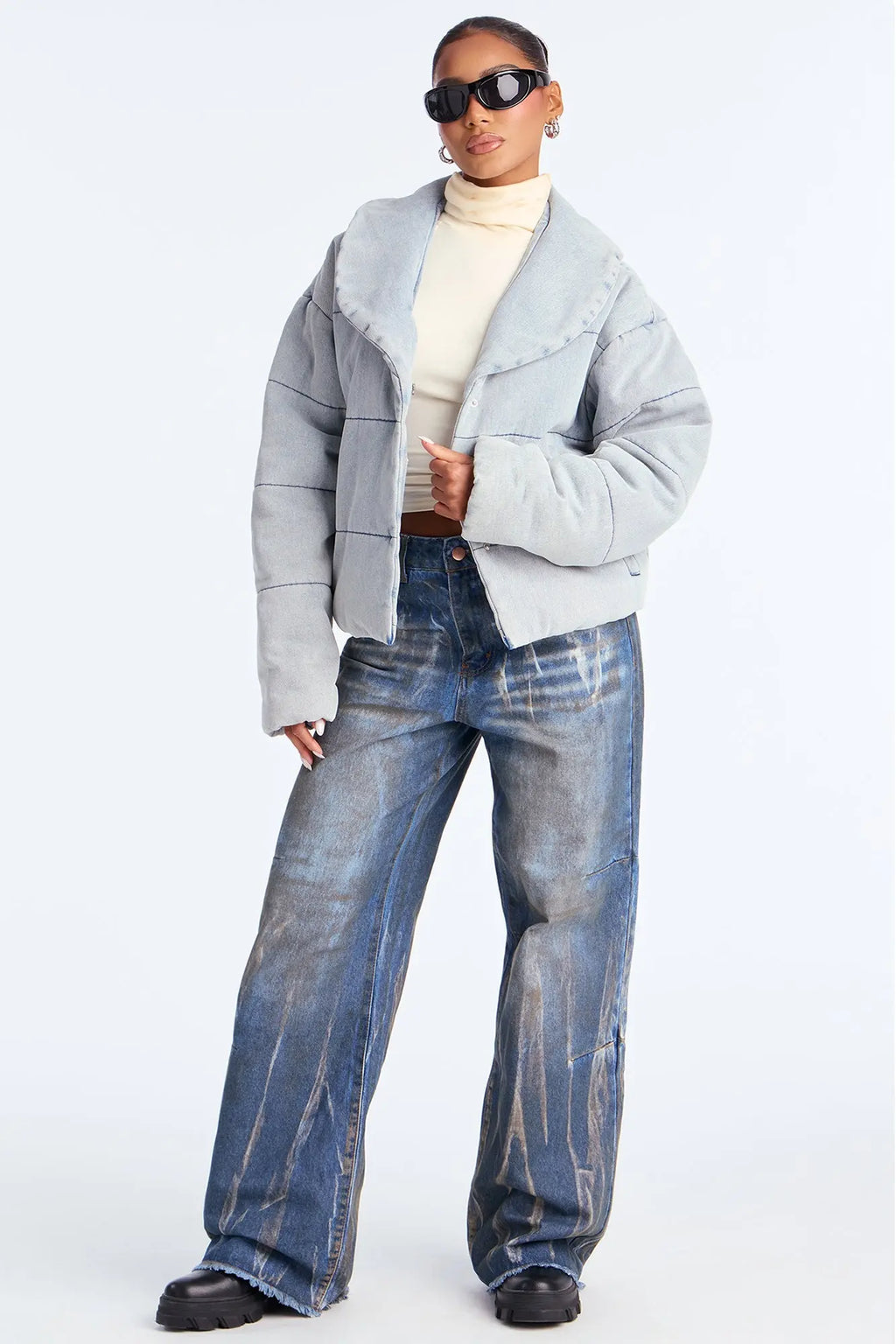 Ice Queen Denim Puffer Jacket - Light Wash 