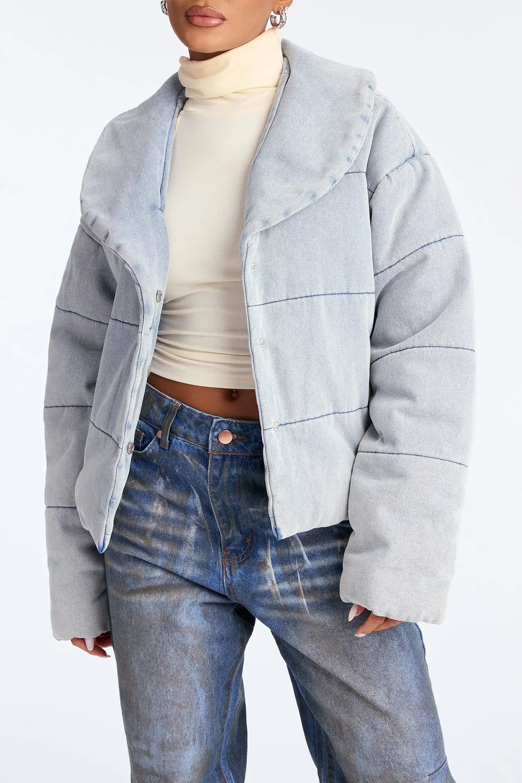 Ice Queen Denim Puffer Jacket - Light Wash 