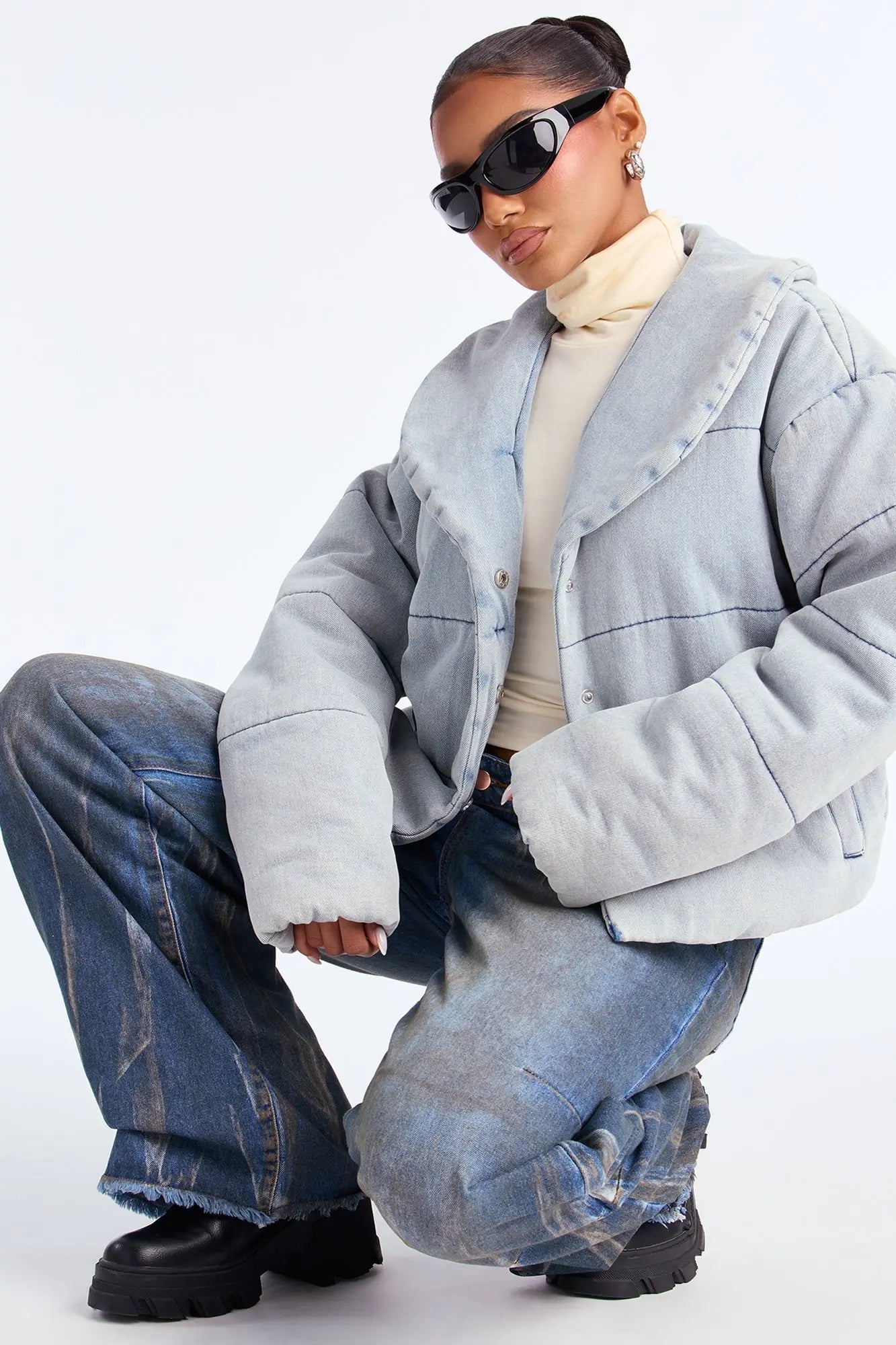 Ice Queen Denim Puffer Jacket - Light Wash 