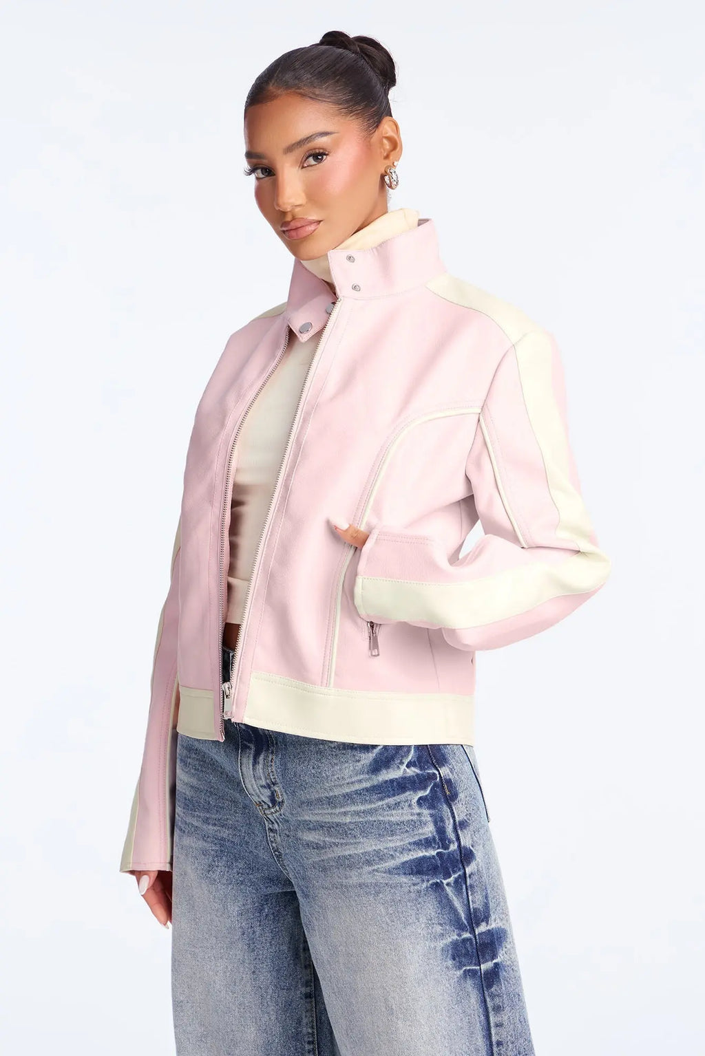 Makayla Faux Leather Moto Jacket - Pink/combo 