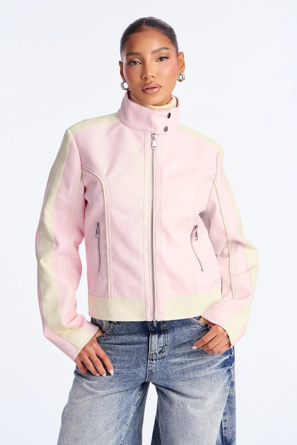 Makayla Faux Leather Moto Jacket - Pink/combo 