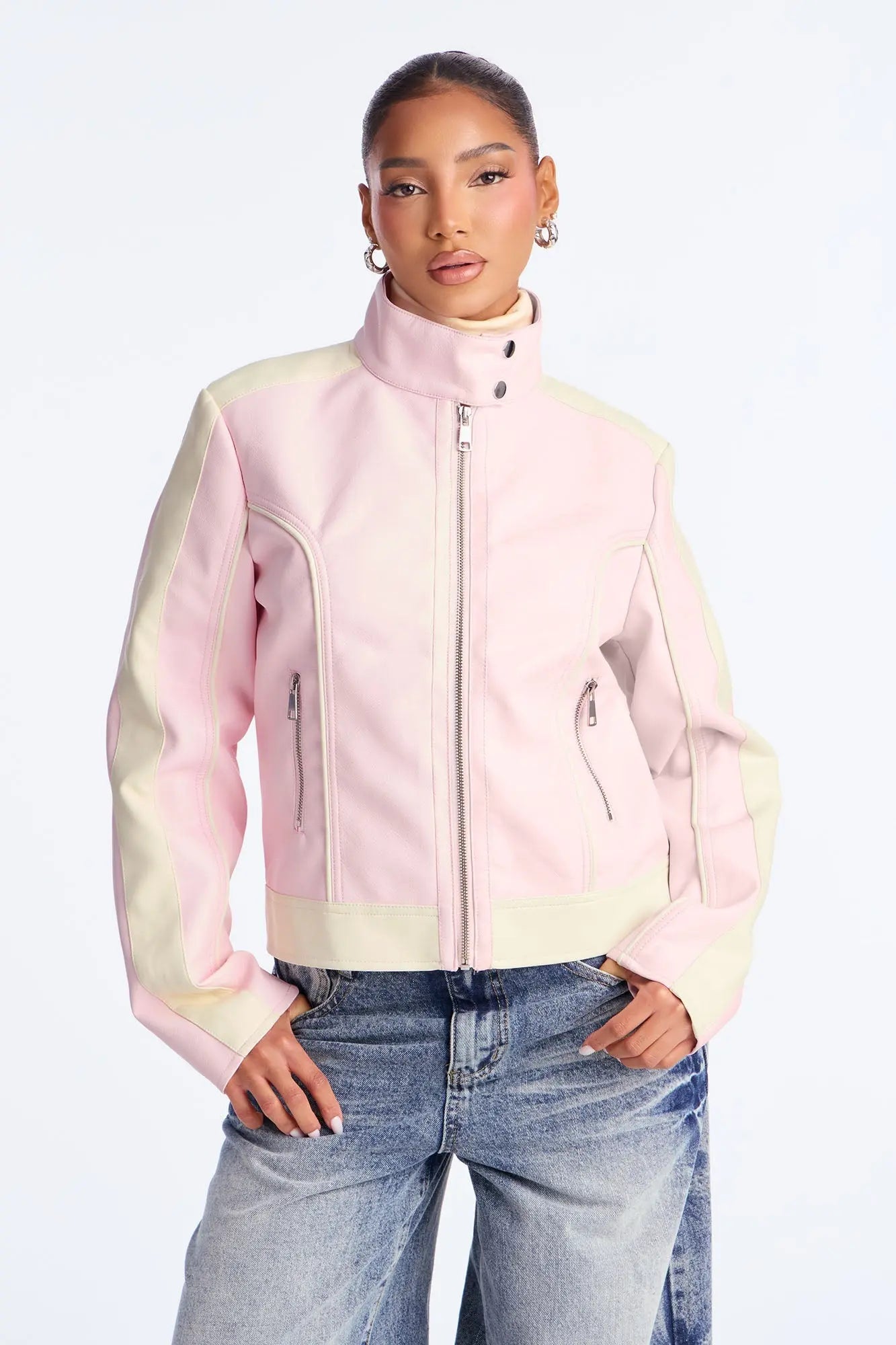 Makayla Faux Leather Moto Jacket - Pink/combo 