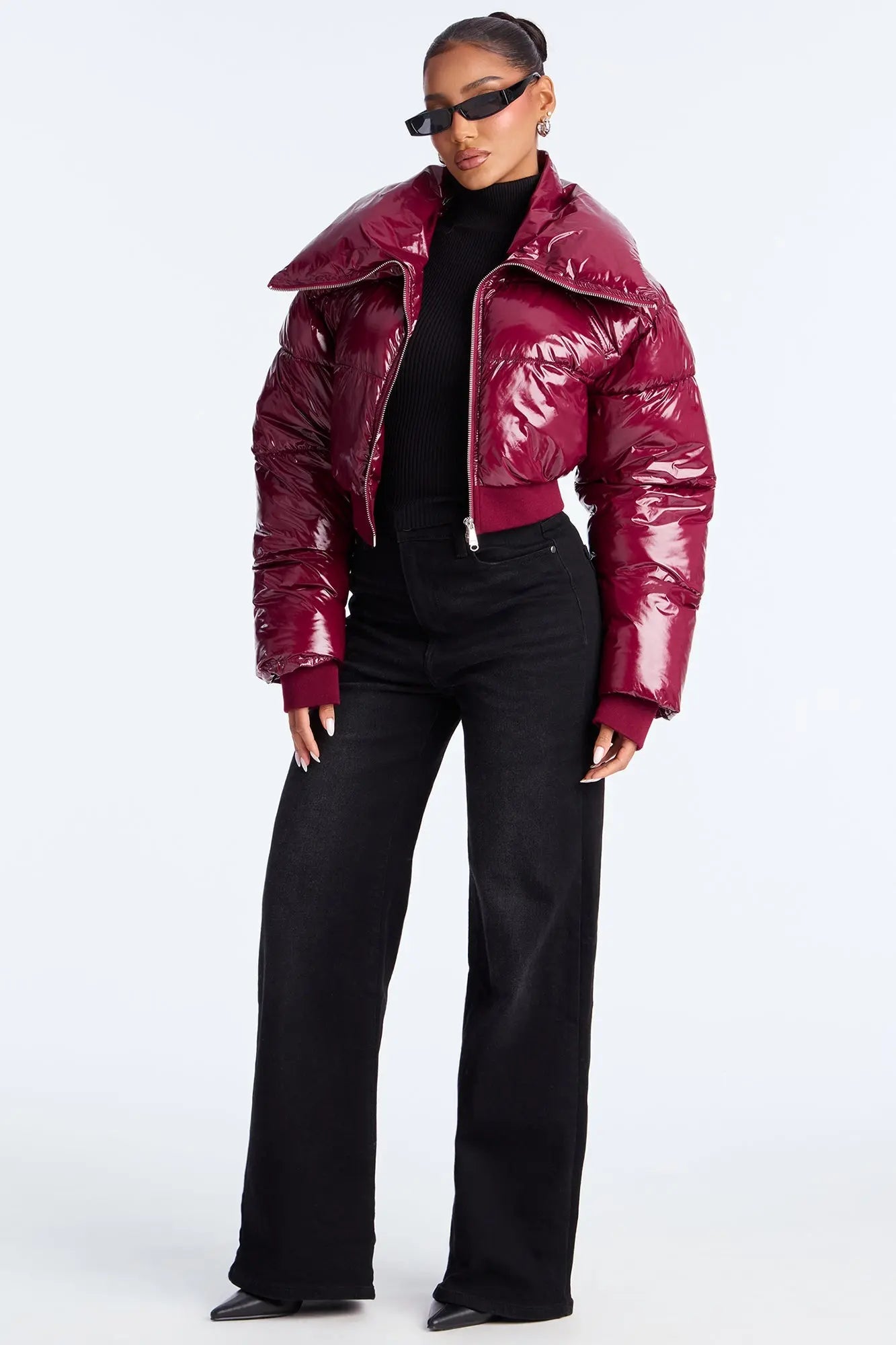 Billie Faux Patent Leather Cropped Puffer Jacket - Burgundy 