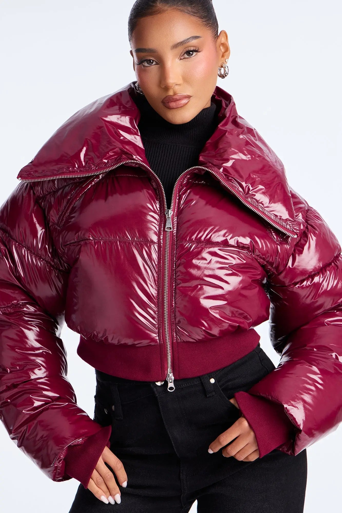Billie Faux Patent Leather Cropped Puffer Jacket - Burgundy 