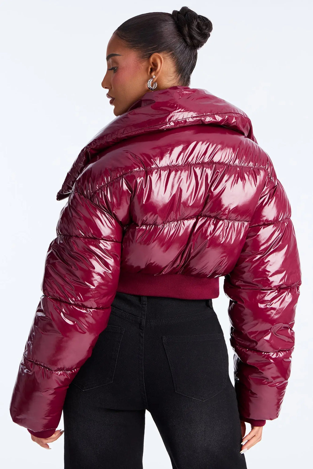 Billie Faux Patent Leather Cropped Puffer Jacket - Burgundy 