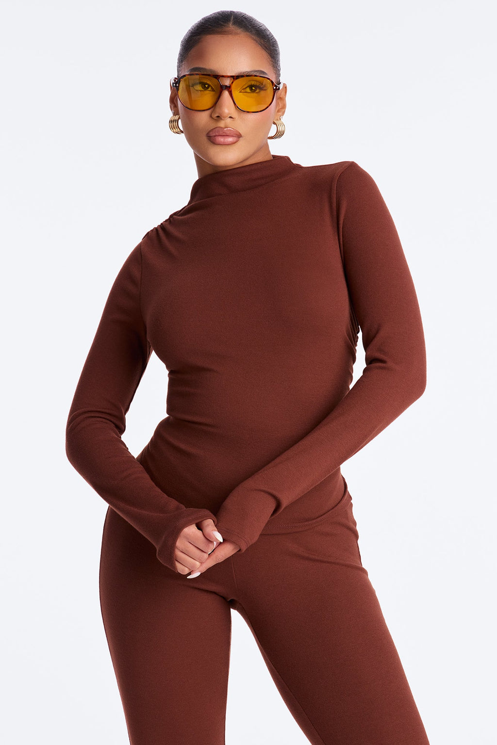 So Sexy Mockneck Flare Leg Pant Set - Brown