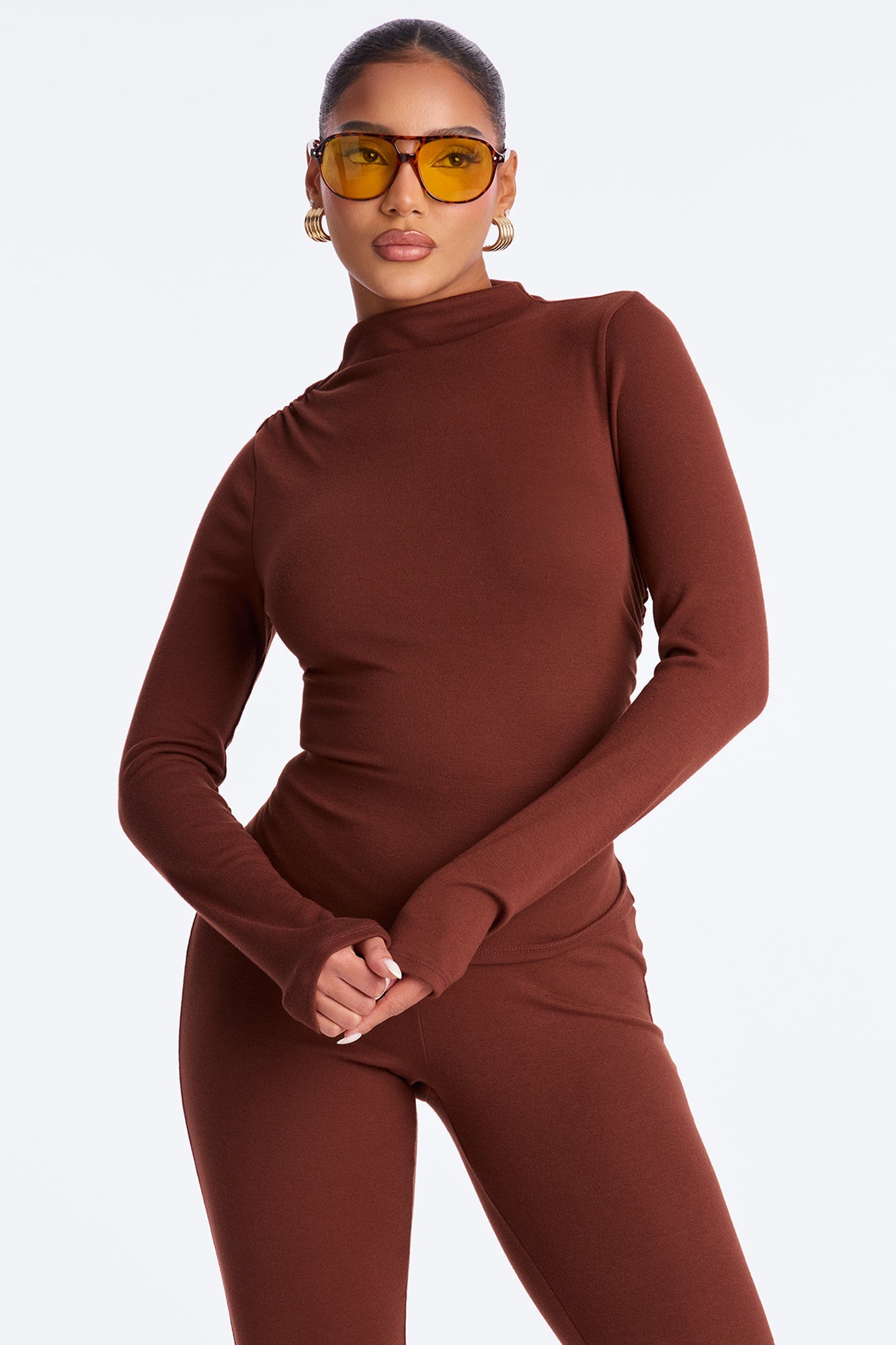 So Sexy Mockneck Flare Leg Pant Set - Brown