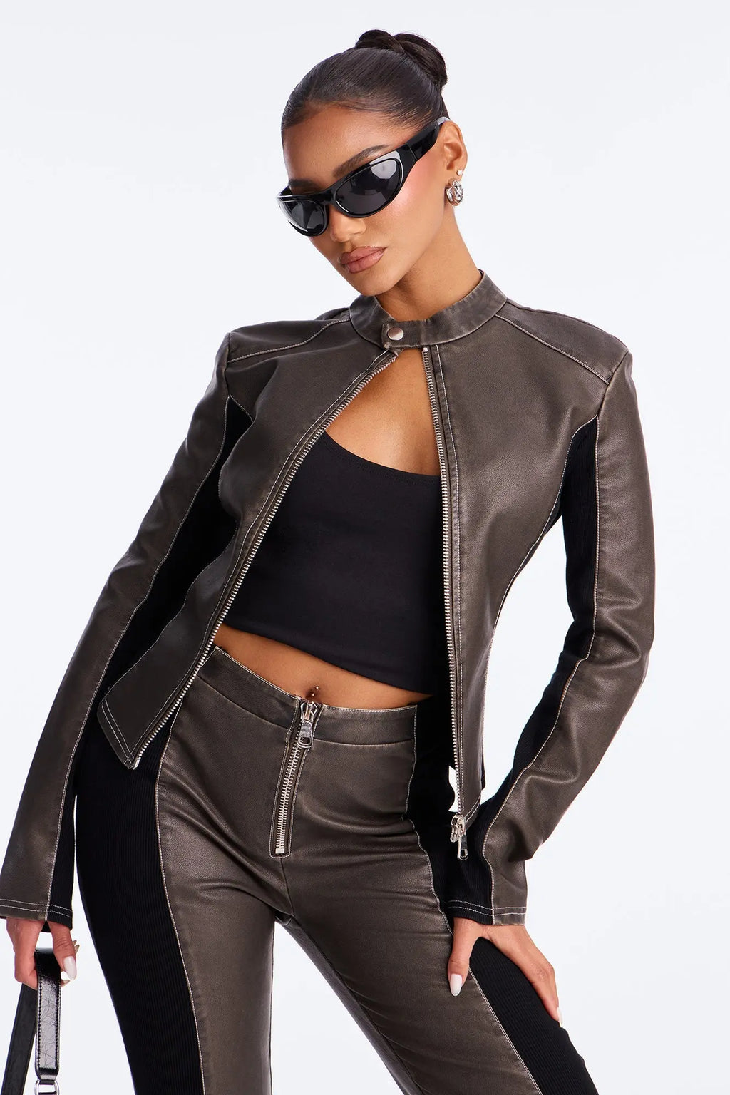 On Speed Dial Faux Leather Low Rise Pant Set - Charcoal 