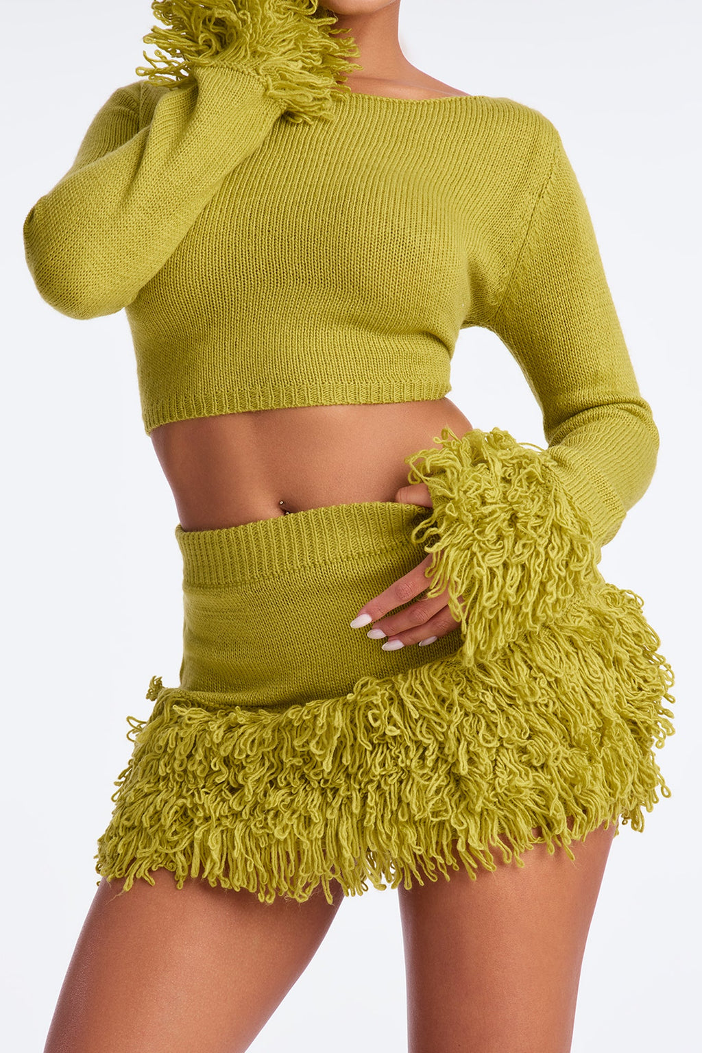 Collette Fringe Sweater Mini Skirt Set - Chartreuse