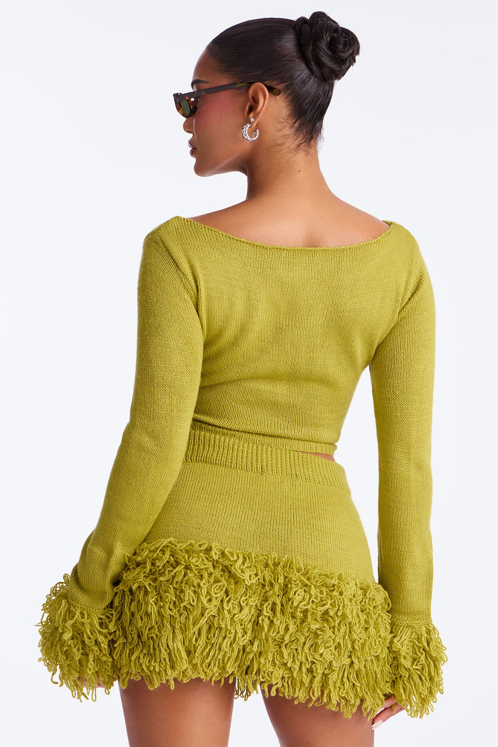 Collette Fringe Sweater Mini Skirt Set - Chartreuse