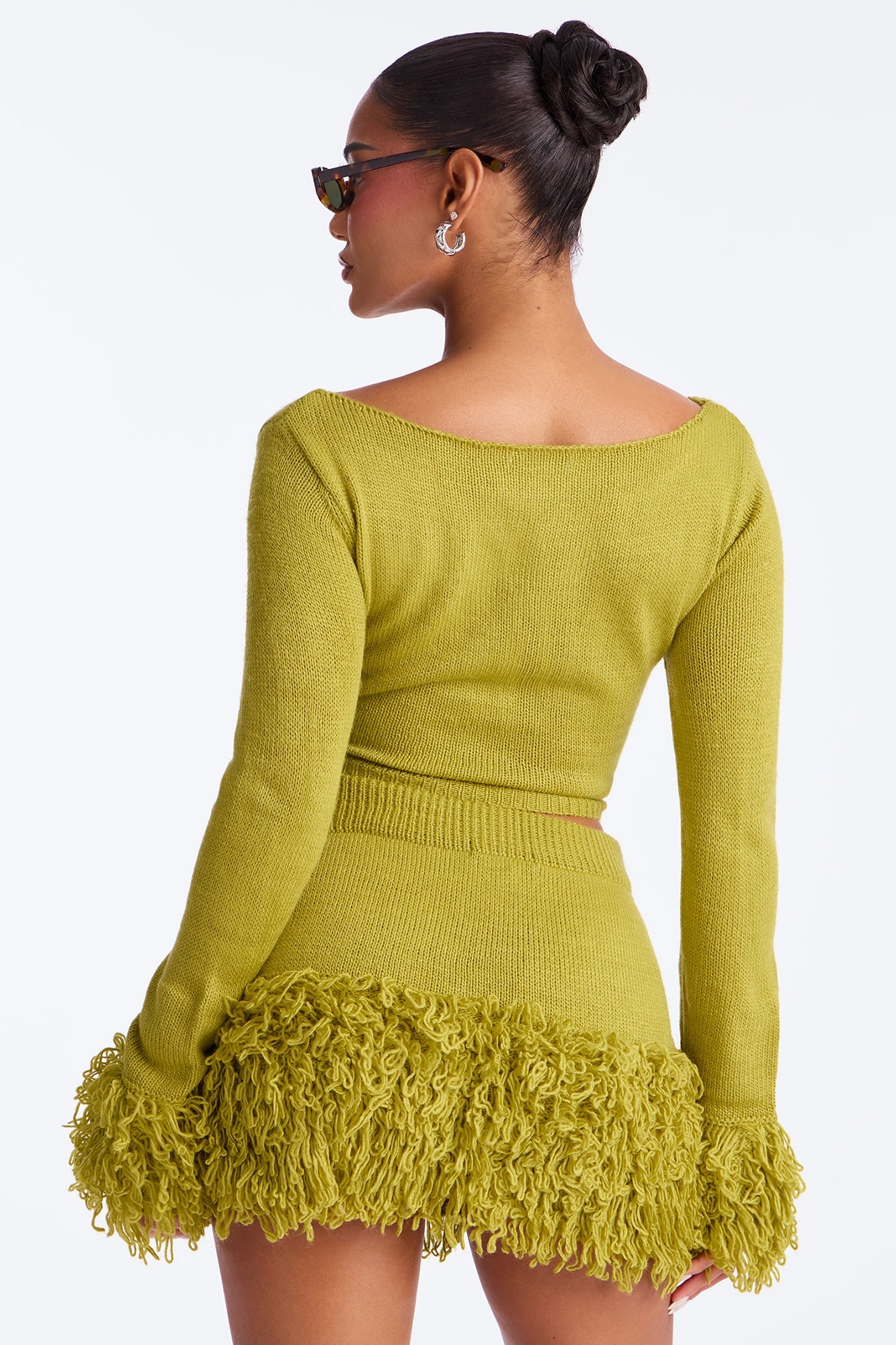 Collette Fringe Sweater Mini Skirt Set - Chartreuse