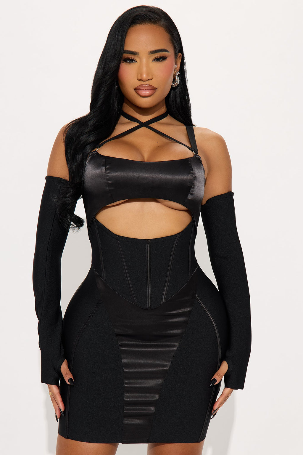 All Tied Up Cut Out Bandage Mini Dress - Black