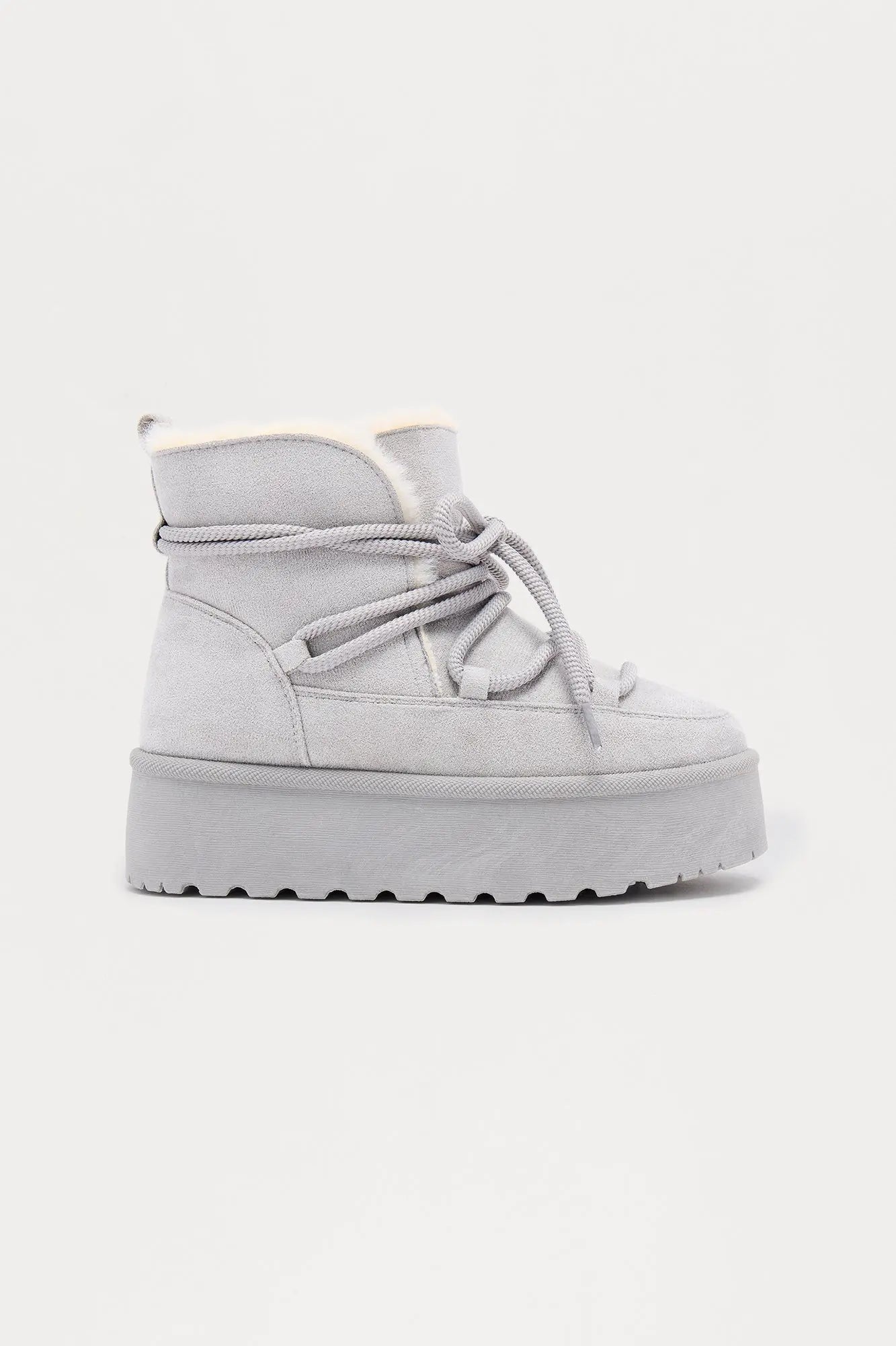 Snow Ball Fur Trim Platform Booties - Grey 