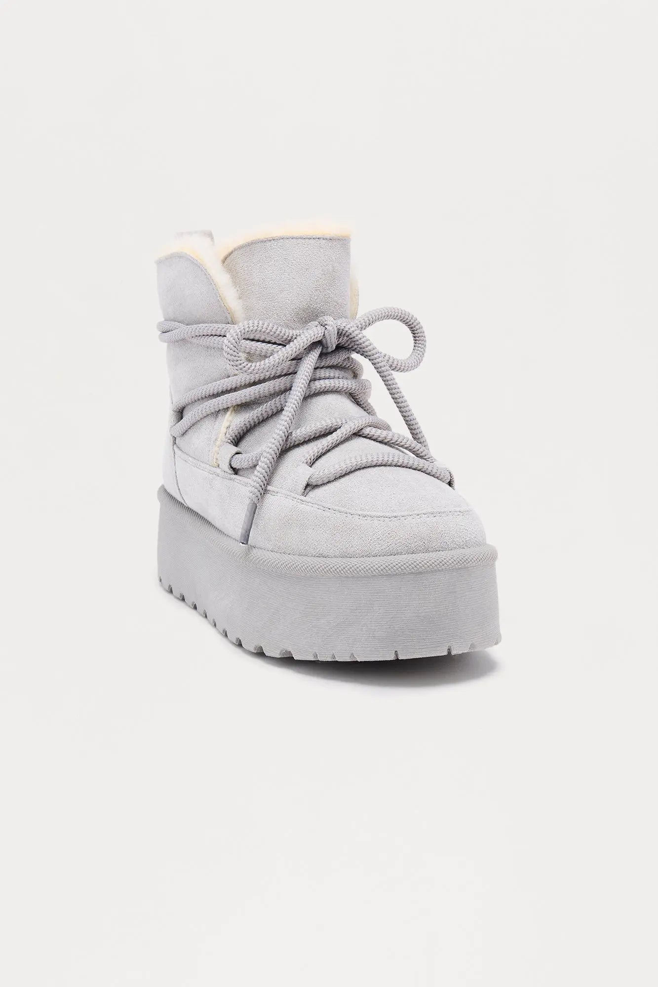 Snow Ball Fur Trim Platform Booties - Grey 