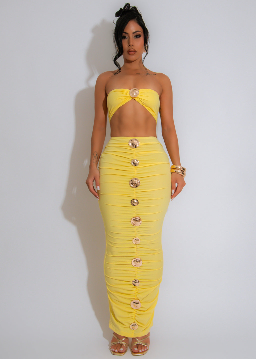 Sea Side Goddess Ruched Skirt Set Yellow