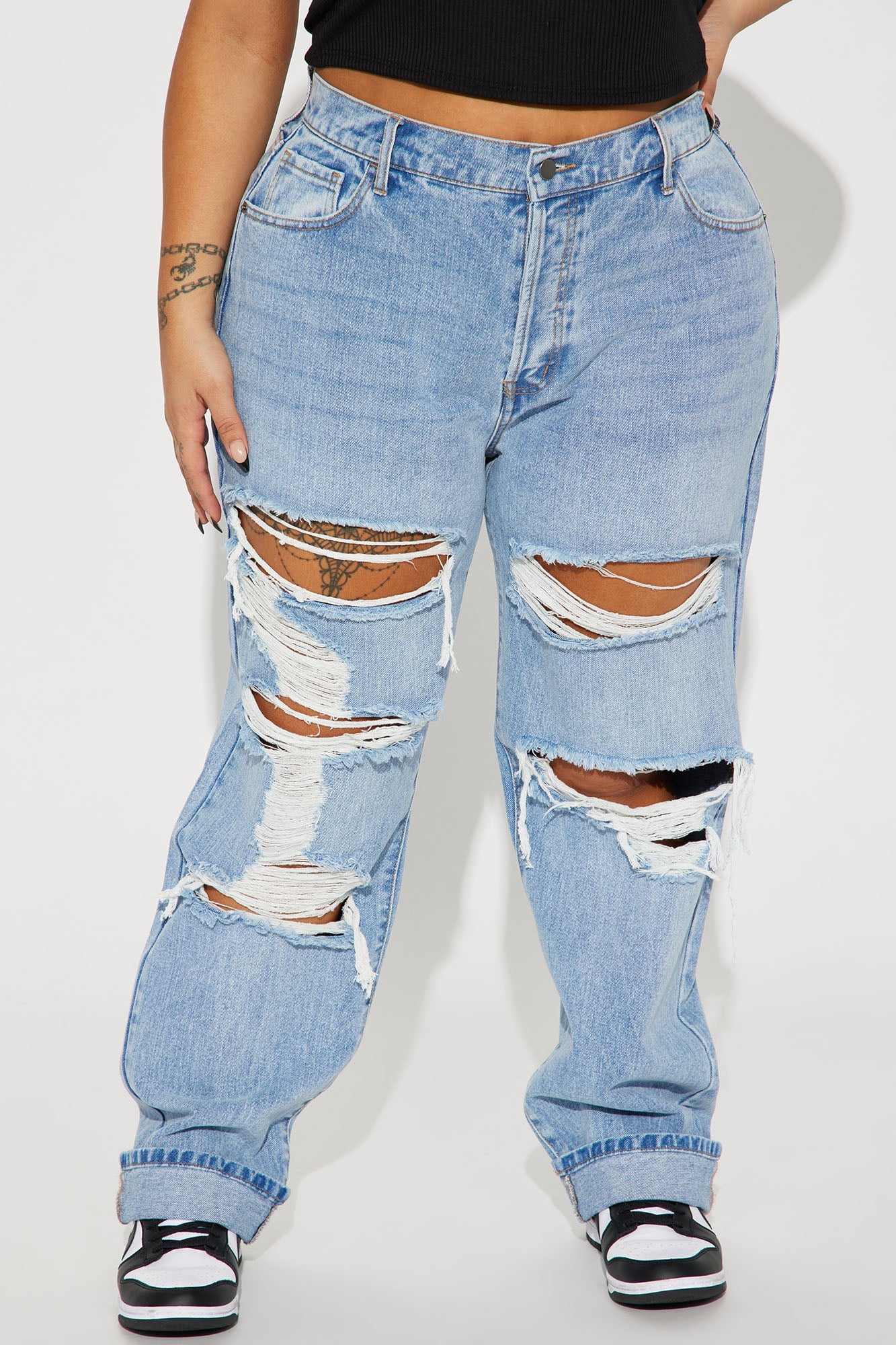 Seeking Thrills Shredded Straight Leg Jeans - Medium Wash