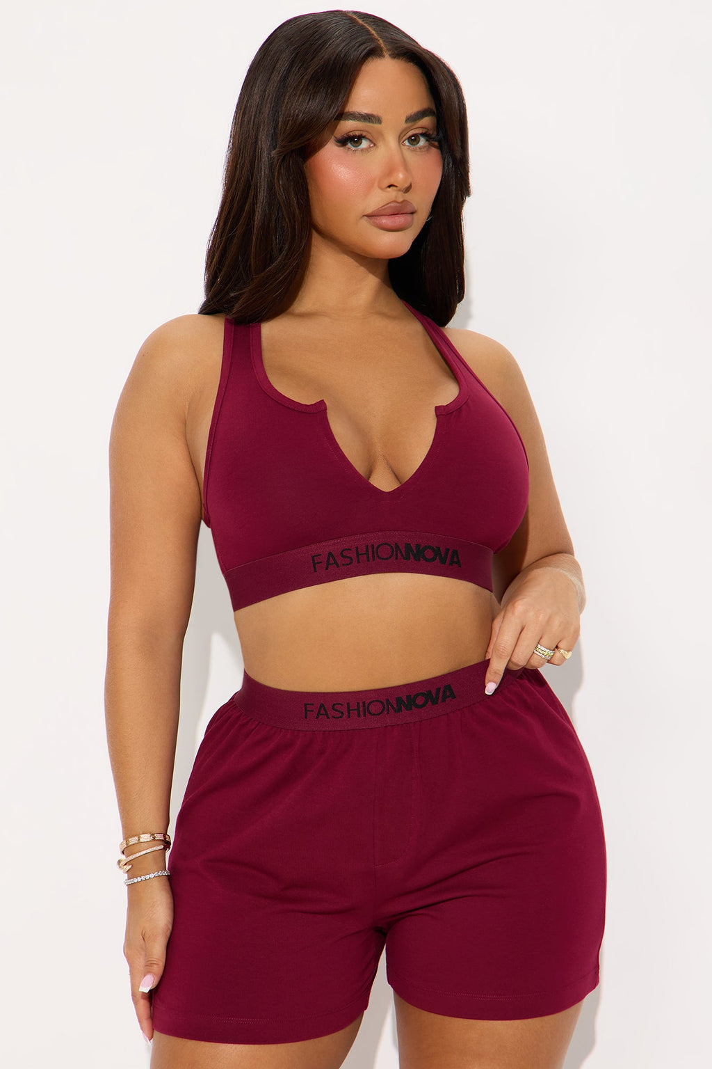 FN Mood Racerback Bralette And Loose Boxer 2 Piece Cotton Set - Wine