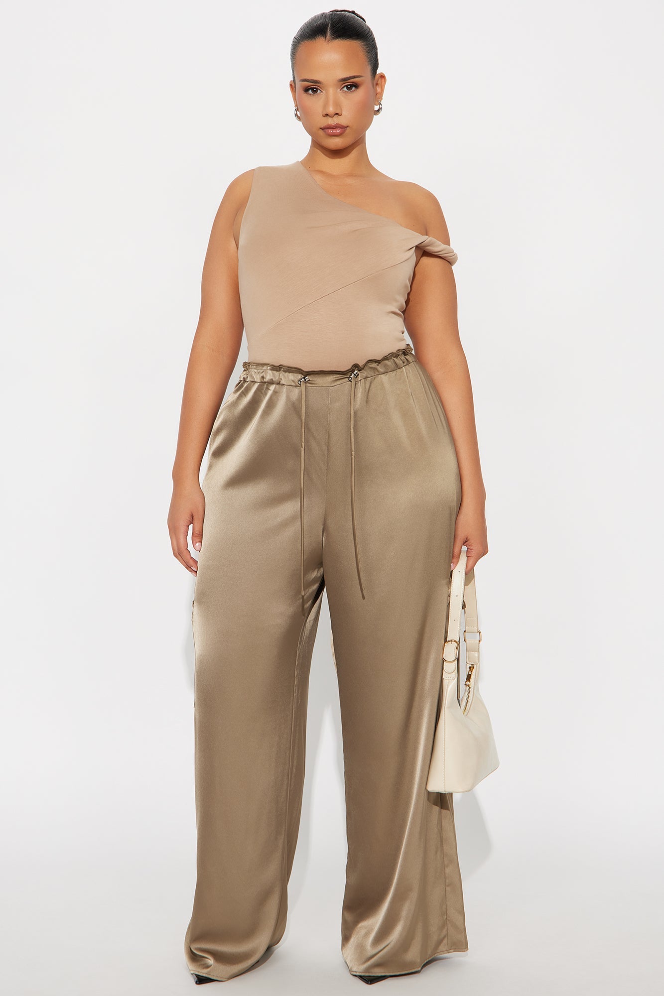 Brielle Satin Wide Leg Cargo Pant 33″ - Olive 