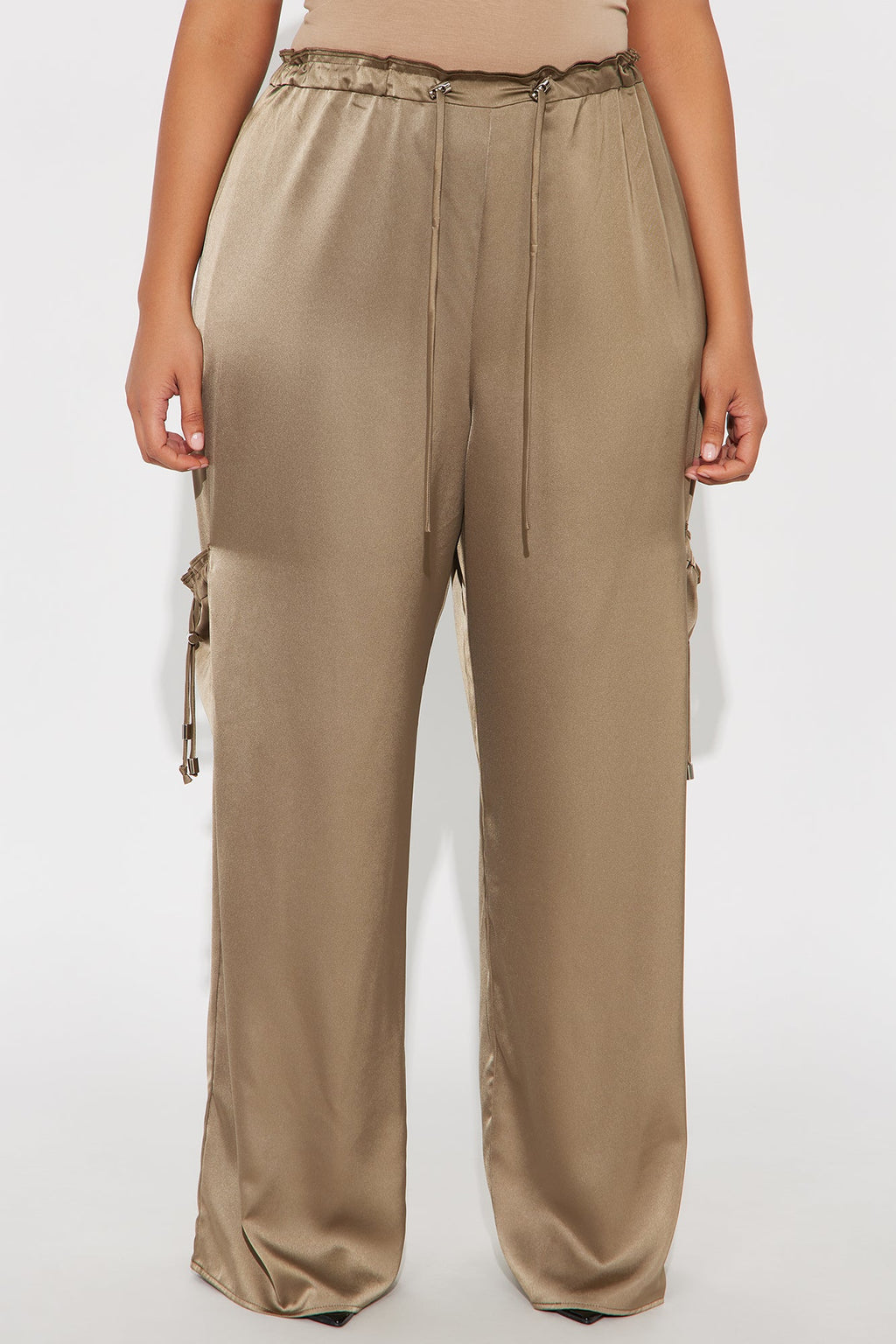 Brielle Satin Wide Leg Cargo Pant 33″ - Olive 