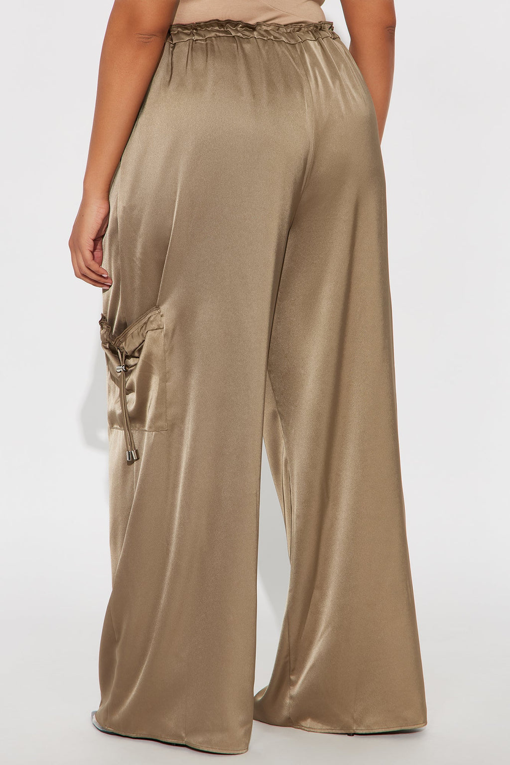 Brielle Satin Wide Leg Cargo Pant 33″ - Olive 