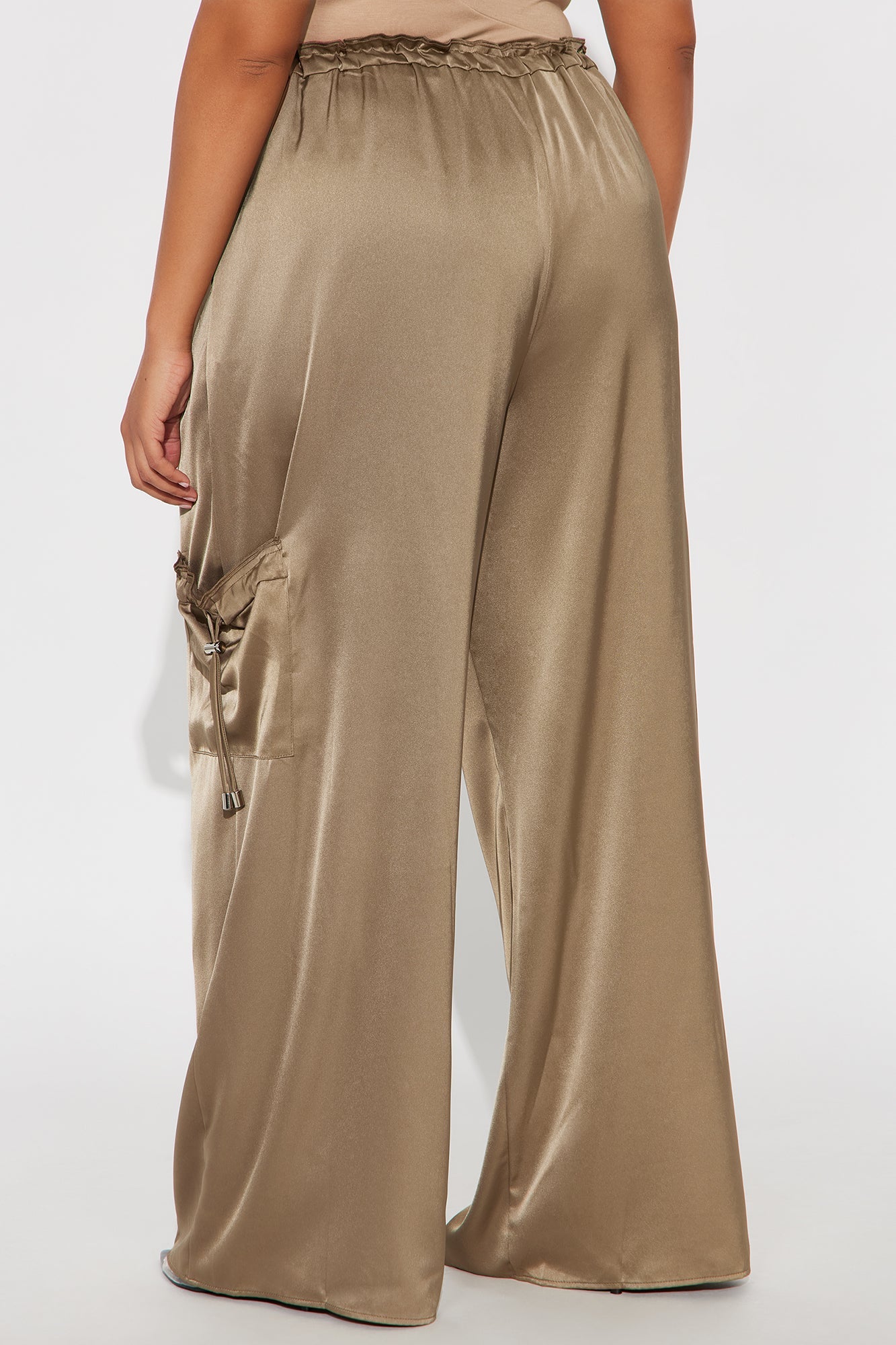 Brielle Satin Wide Leg Cargo Pant 33″ - Olive 