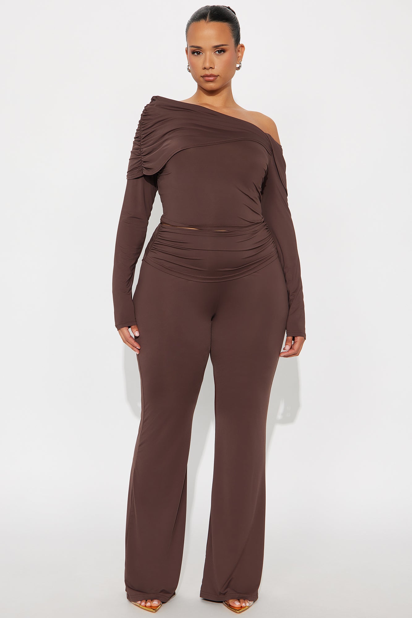 Athena Off Shoulder Pant Set - Chocolate 