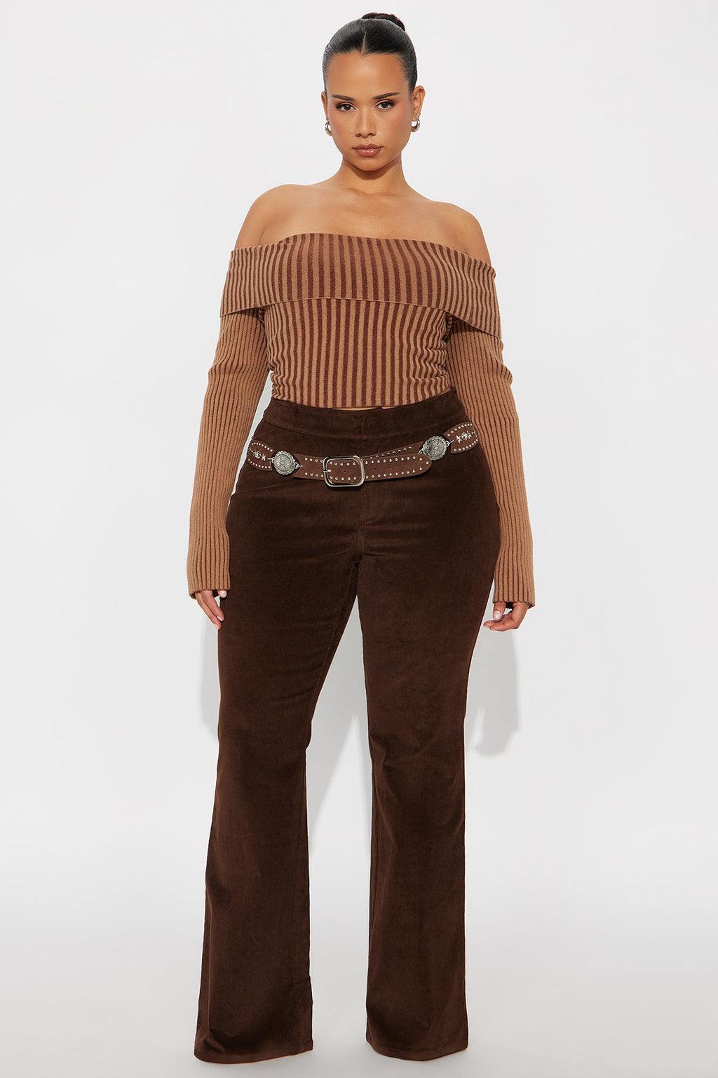 Ridin' Round Mid Rise Belted Corduroy Flare Pant 34 - Chocolate 