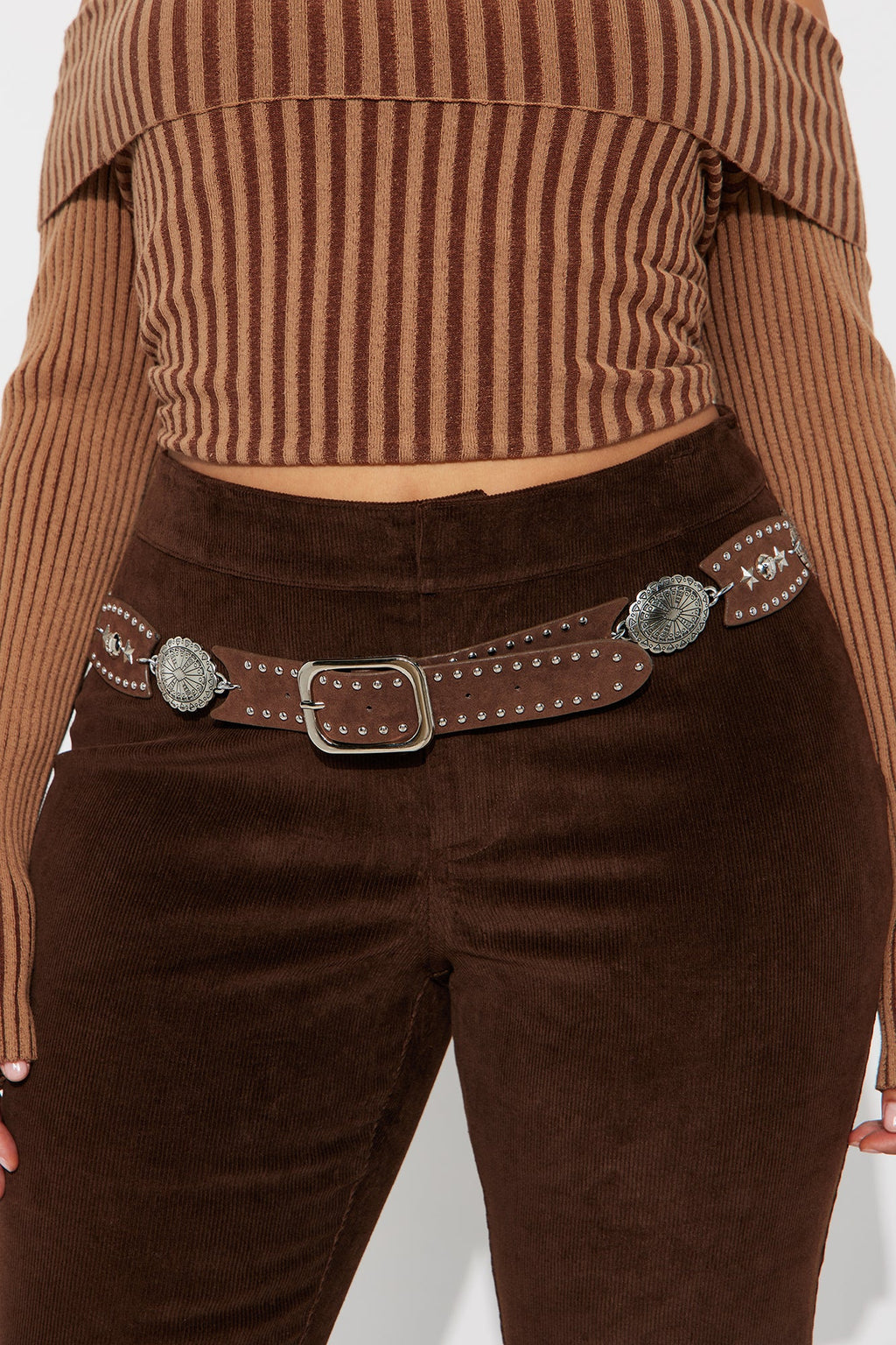 Ridin' Round Mid Rise Belted Corduroy Flare Pant 34 - Chocolate 
