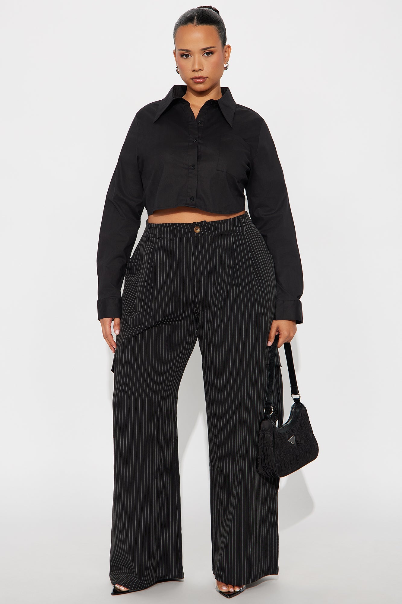 Atiya Pinstripe Wide Leg Cargo Pant 32″ - Black/White
