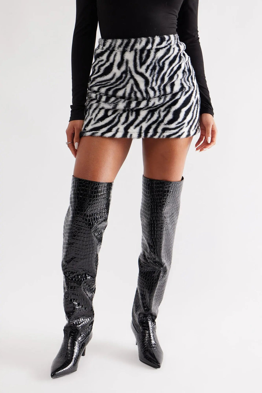 Snappy Croc Thigh High Boots - Black 