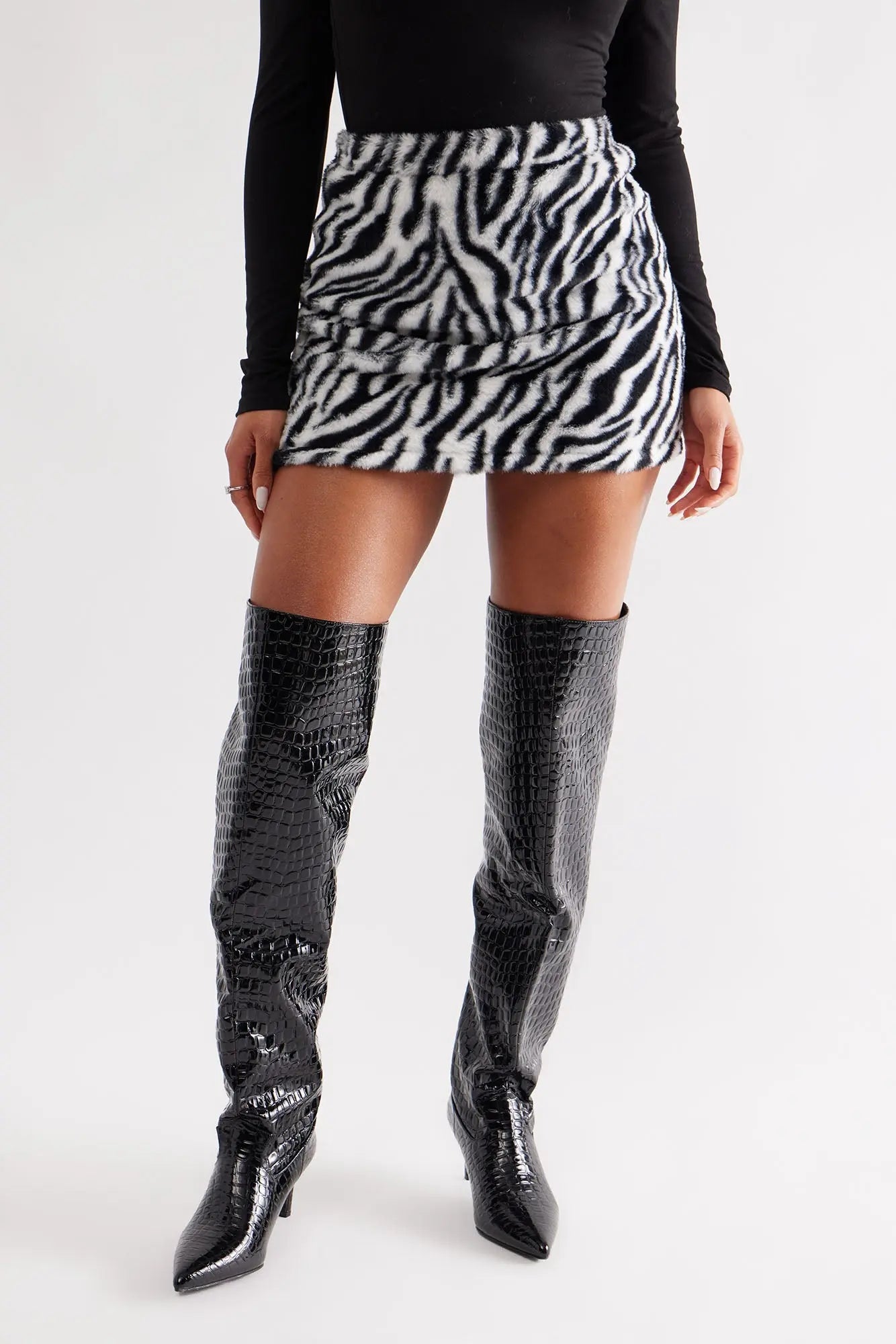 Snappy Croc Thigh High Boots - Black 