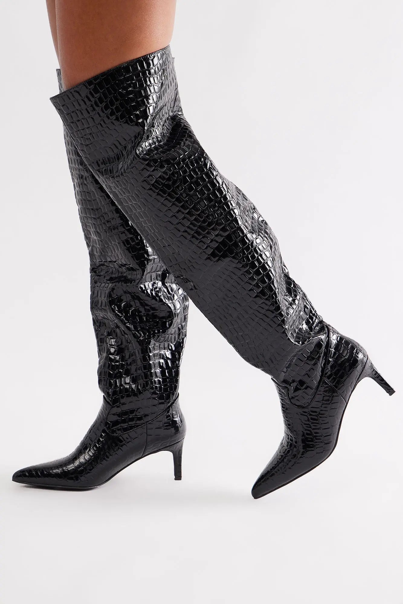 Snappy Croc Thigh High Boots - Black 