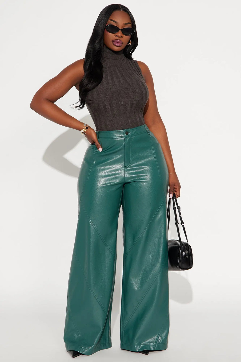 Bad Vibes Faux Leather Flare Pant 33″ - Teal 