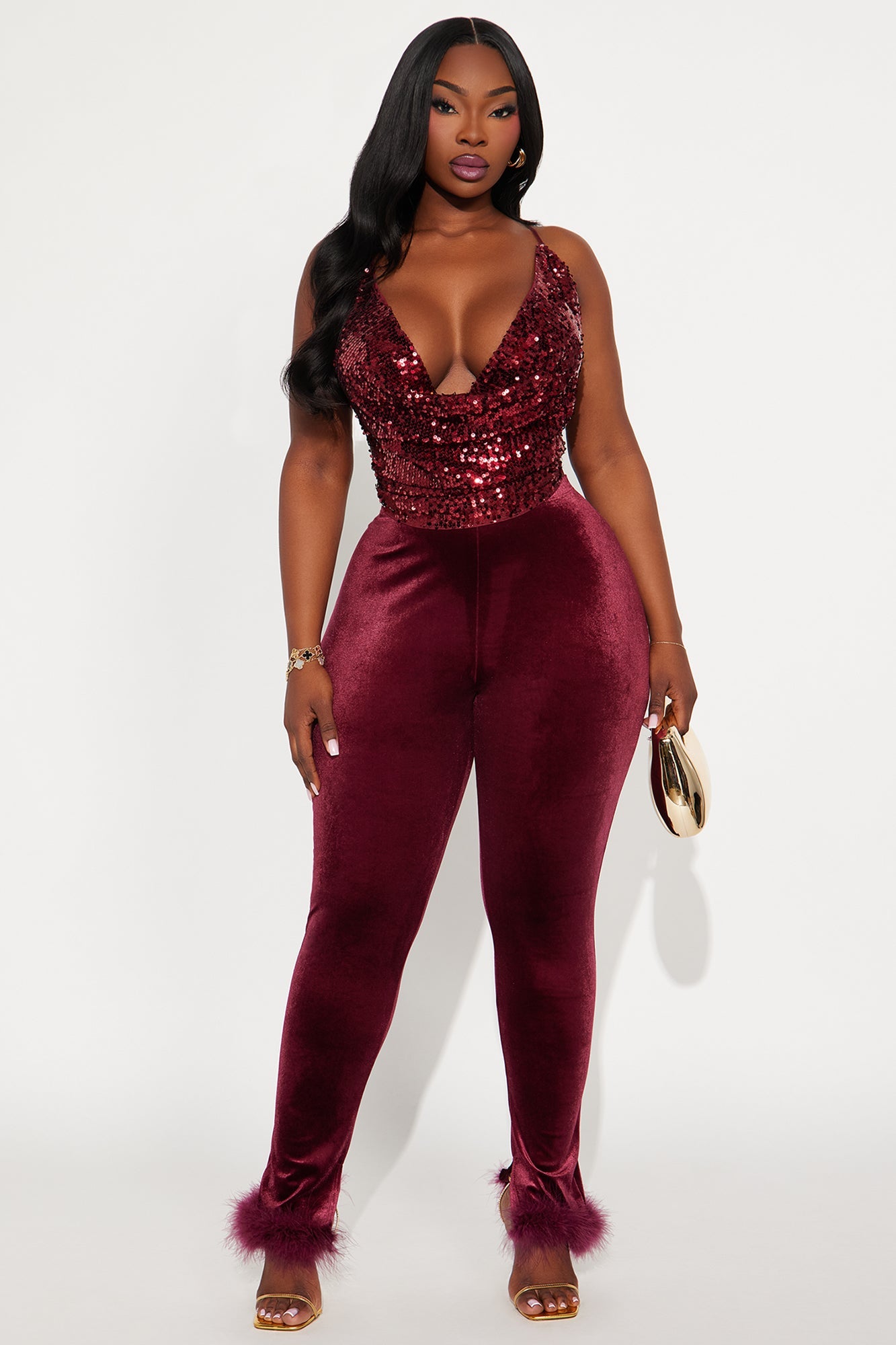 Steal The Night Fur Trim Velvet Legging - Burgundy 