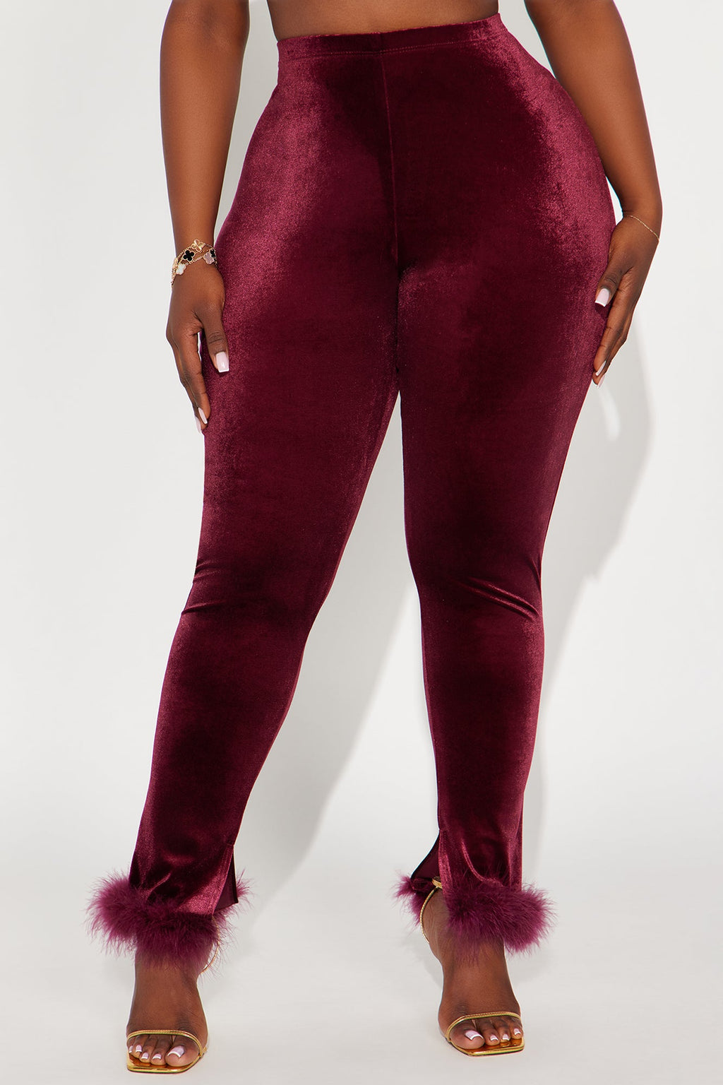Steal The Night Fur Trim Velvet Legging - Burgundy 