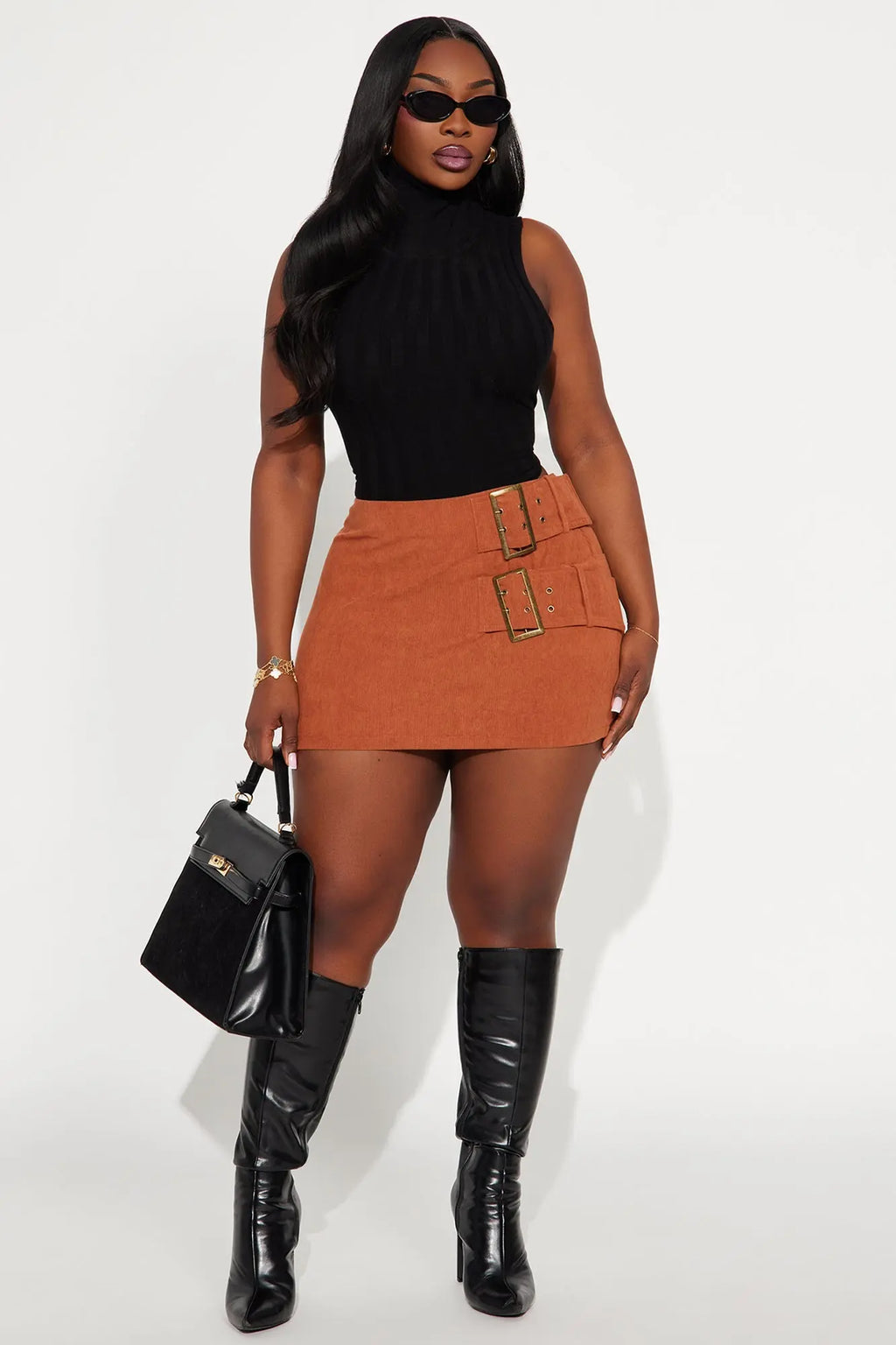 Gwen Oversized Double Belt Mini Skirt - Terracotta 