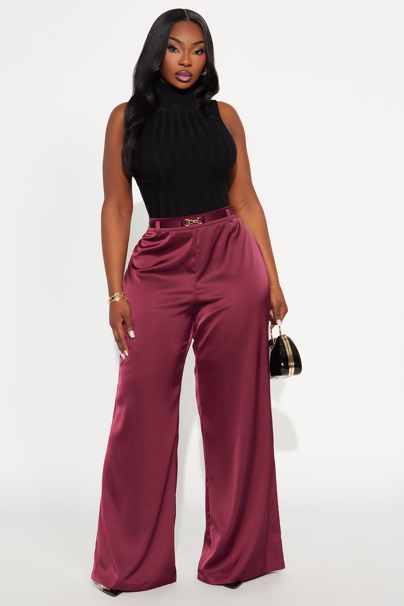 Can't Forget Me Satin High Rise Wide Leg Pant 33 - Burgundy