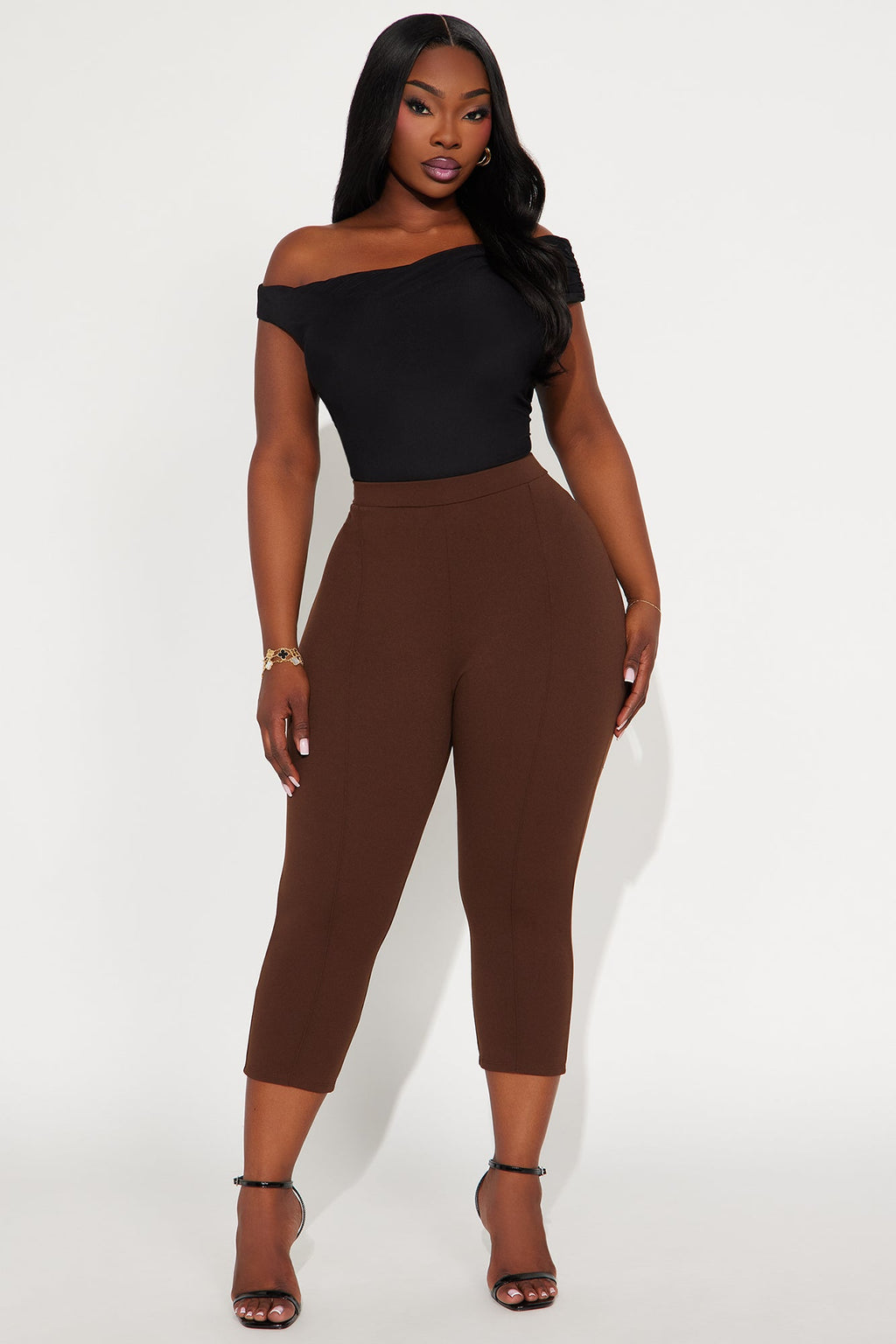 Brenda Mid Rise Knit Crepe Pintuck Capri Legging 21″ - Chocolate