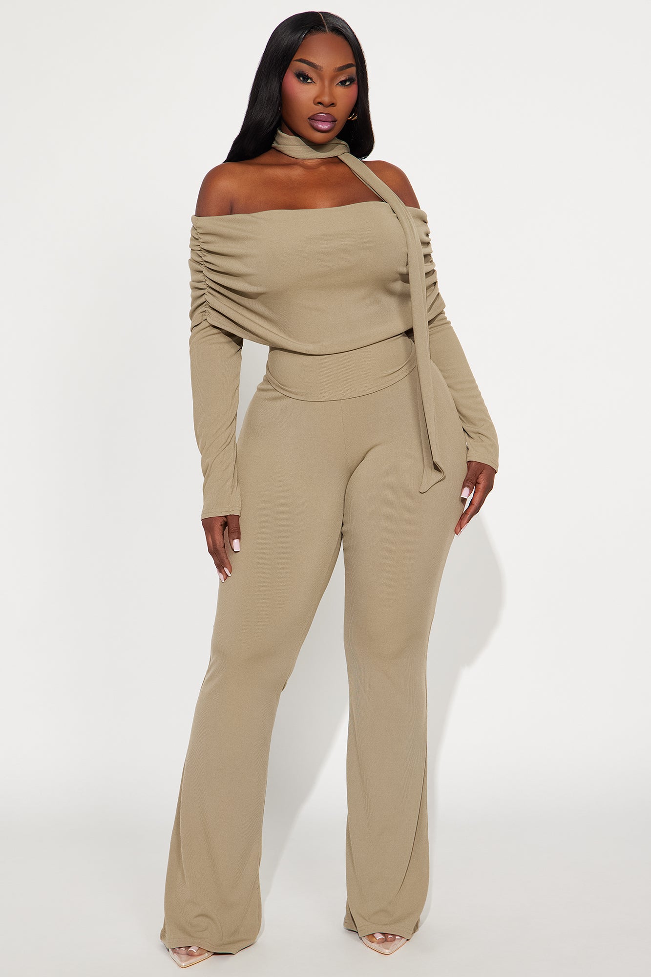 Ella Scarf Off Shoulder 3 Piece Pant Set - Sage