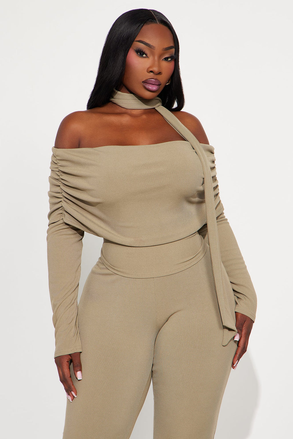 Ella Scarf Off Shoulder 3 Piece Pant Set - Sage