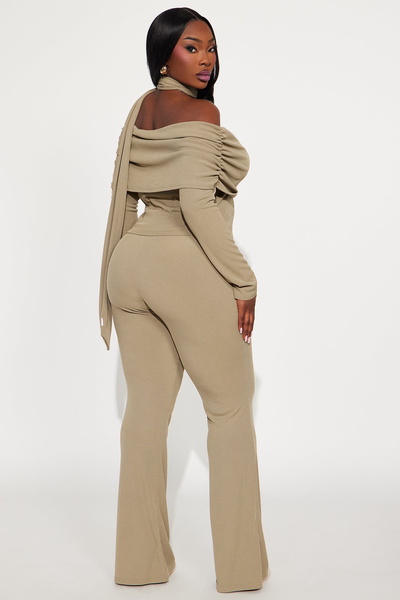 Ella Scarf Off Shoulder 3 Piece Pant Set - Sage
