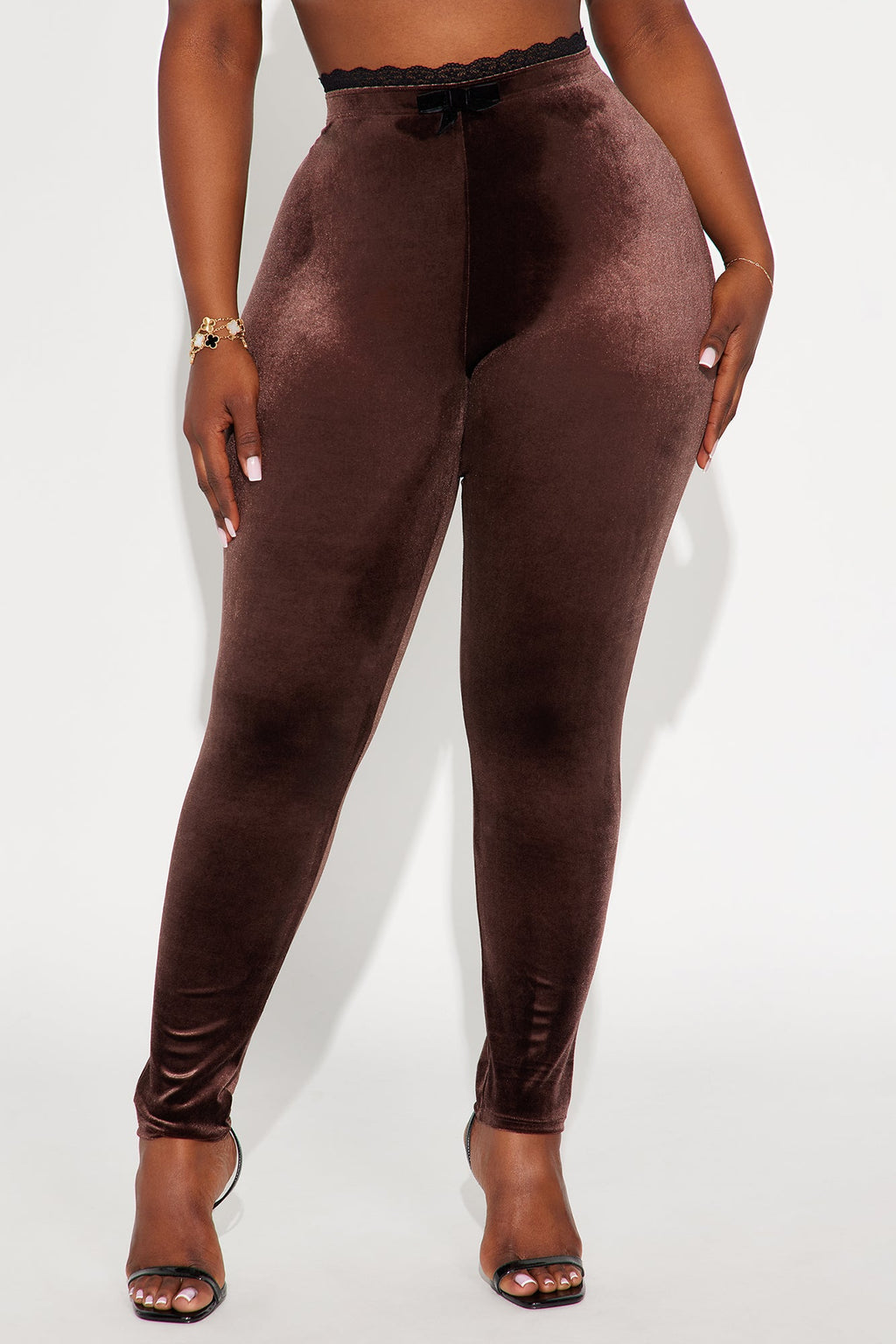 Valentina Solid Lace Trim Velvet Legging - Chocolate