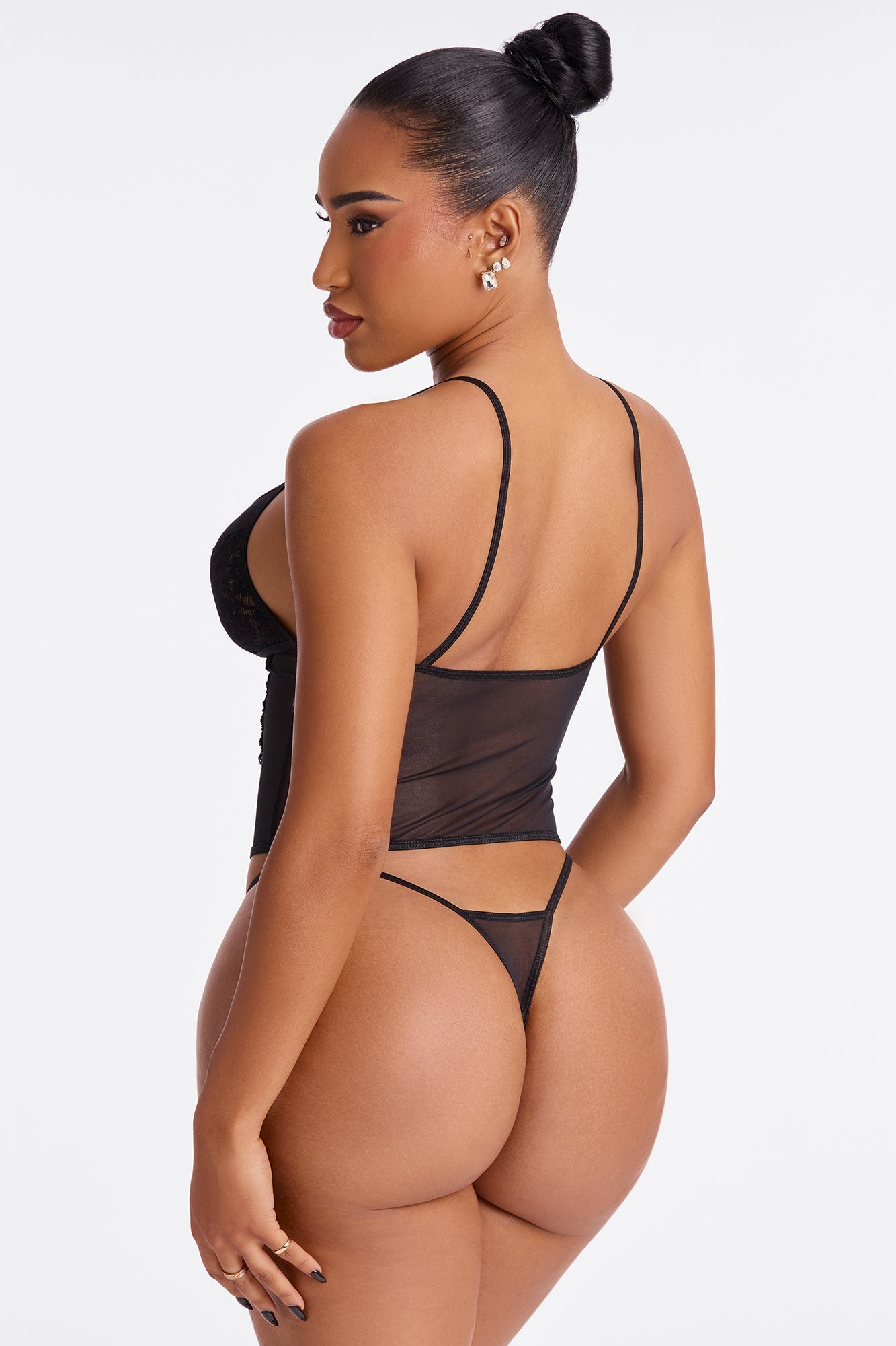 Whispered Sins 2 Piece Mesh Corset Thong Set - Black